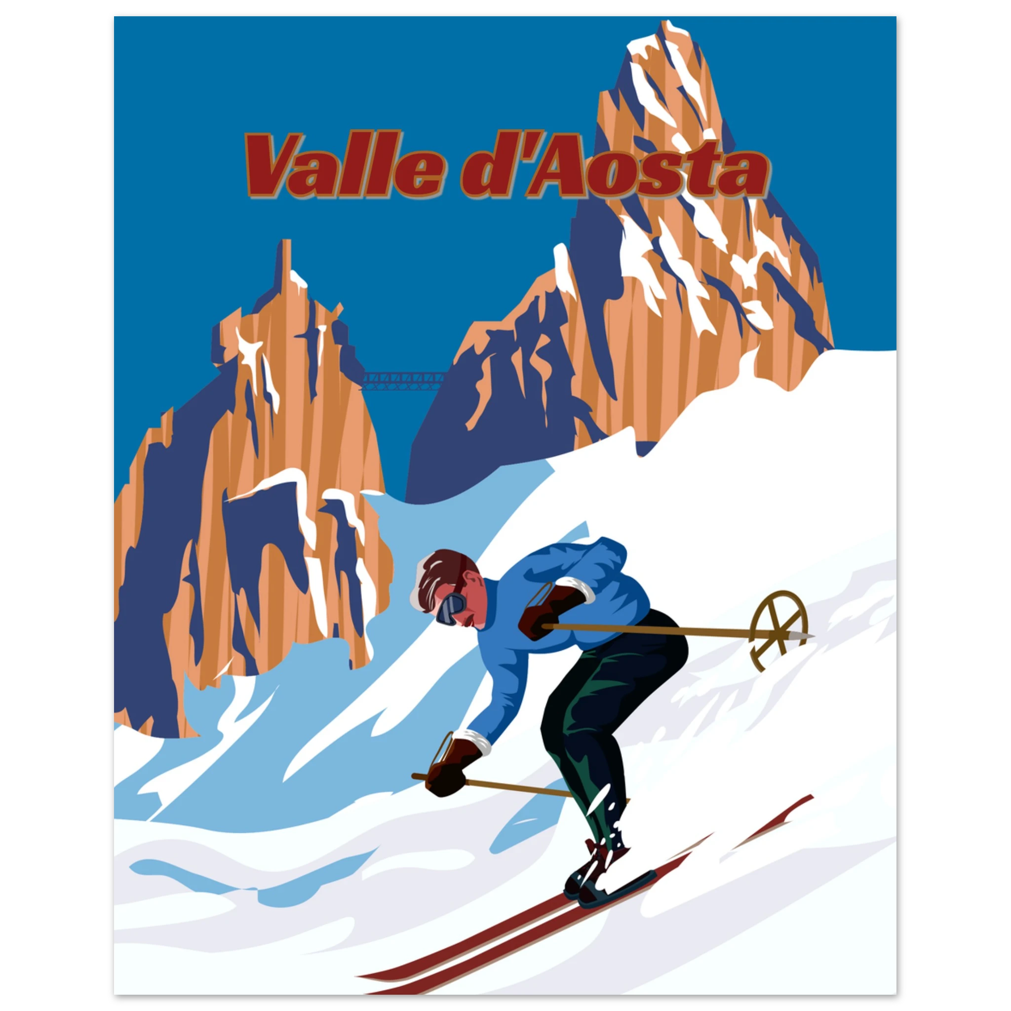 Poster Valle d’Aosta con sciatore in discesa e montagne alpine, illustrazione grafica moderna stile travel vintage wall art

