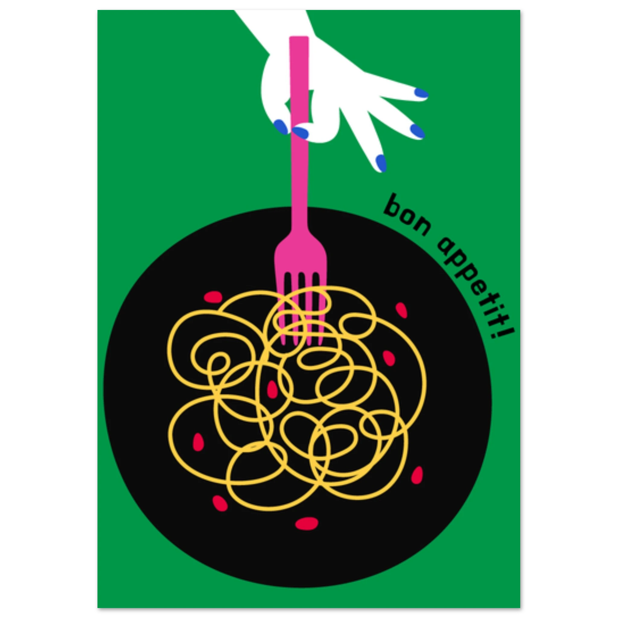 Poster illustrato con piatto di pasta in stile moderno, convivialità italiana