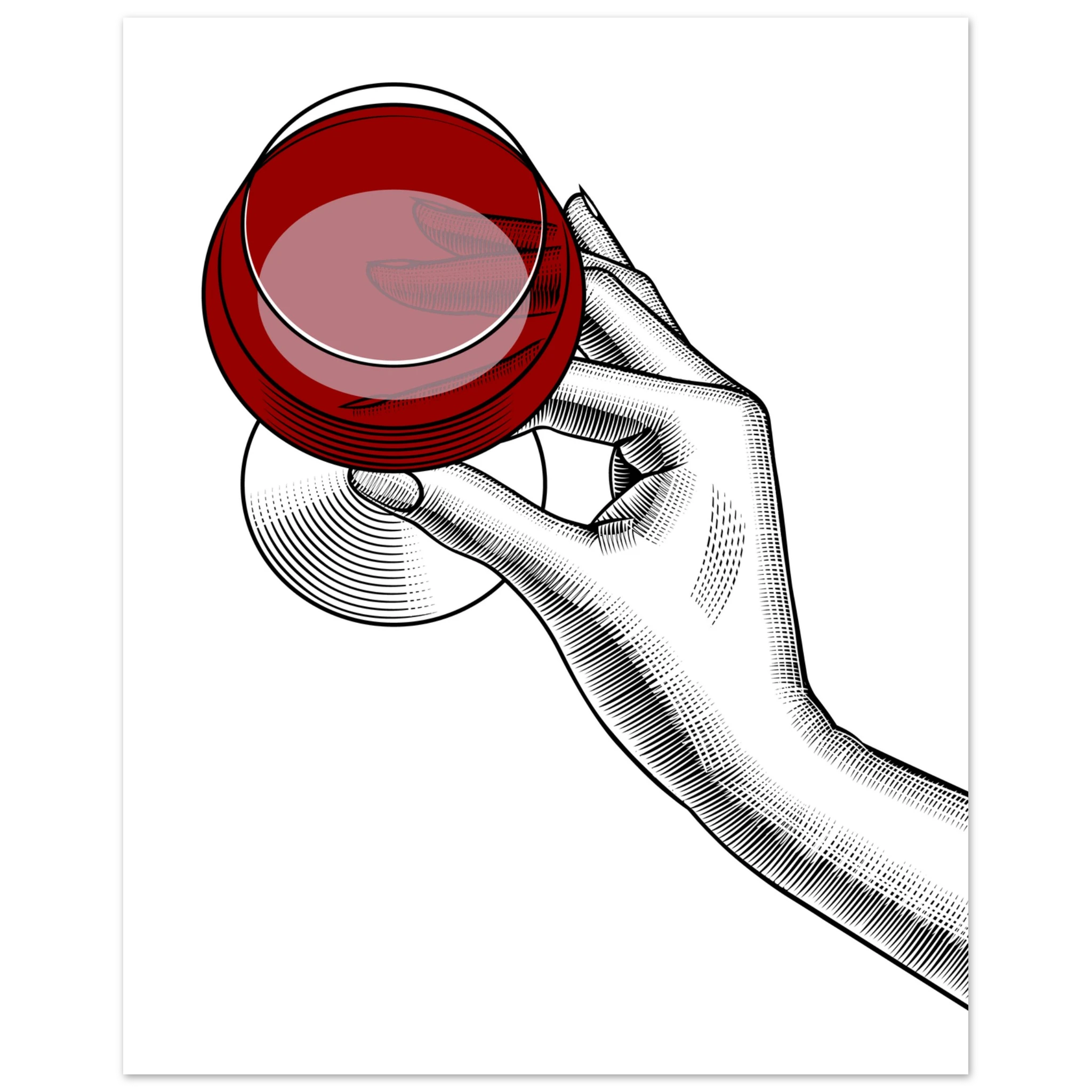 Poster minimal con mano illustrata che regge un bicchiere di vino rosso, line art moderna