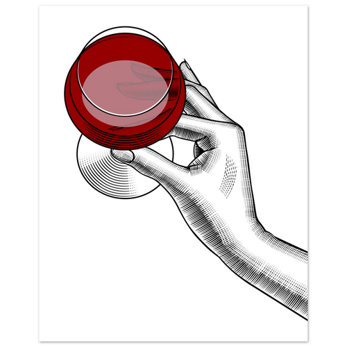 Poster minimal con mano illustrata che regge un bicchiere di vino rosso, line art moderna