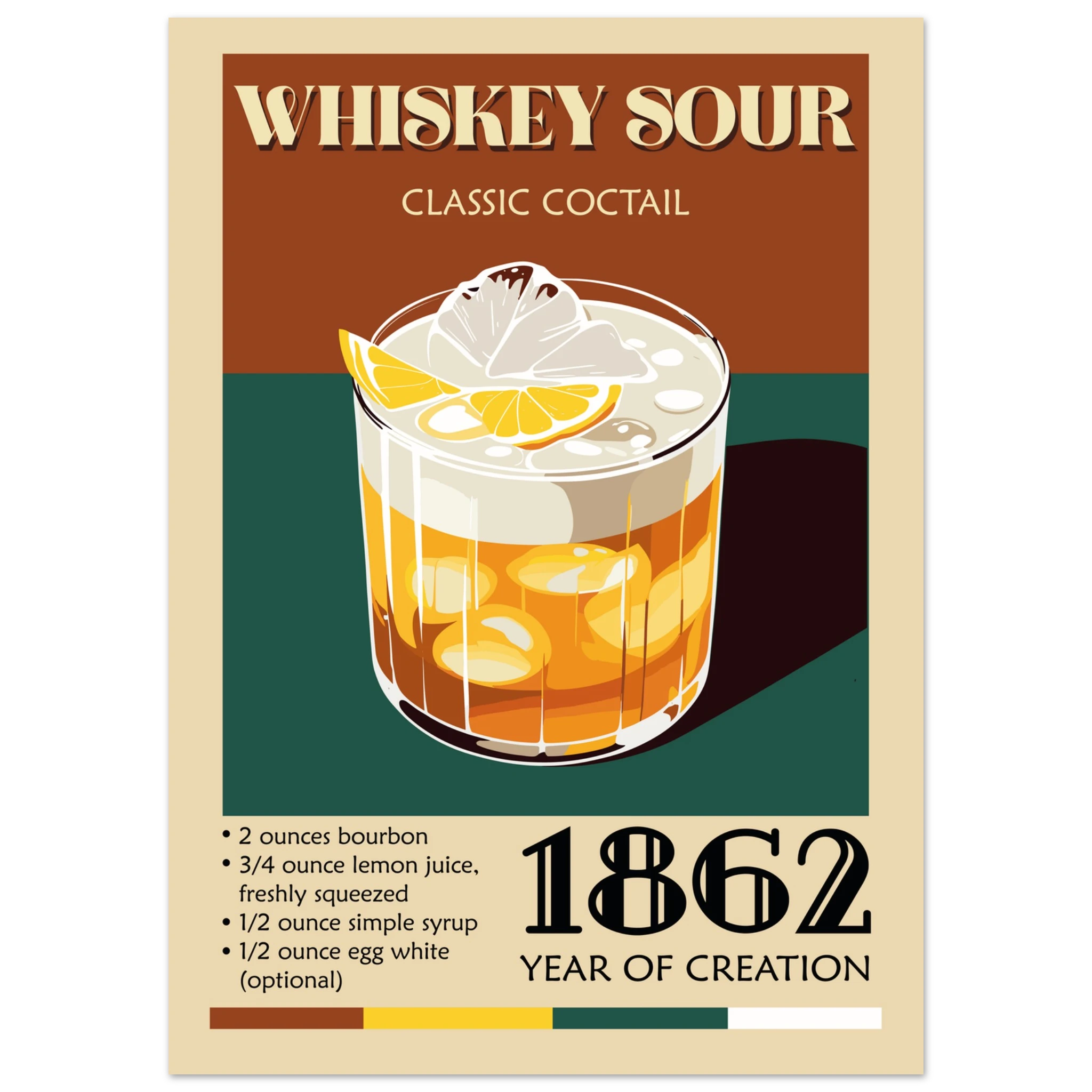 Poster Whiskey Sour vintage con bicchiere cocktail e limone, stile retrò elegante per bar di casa