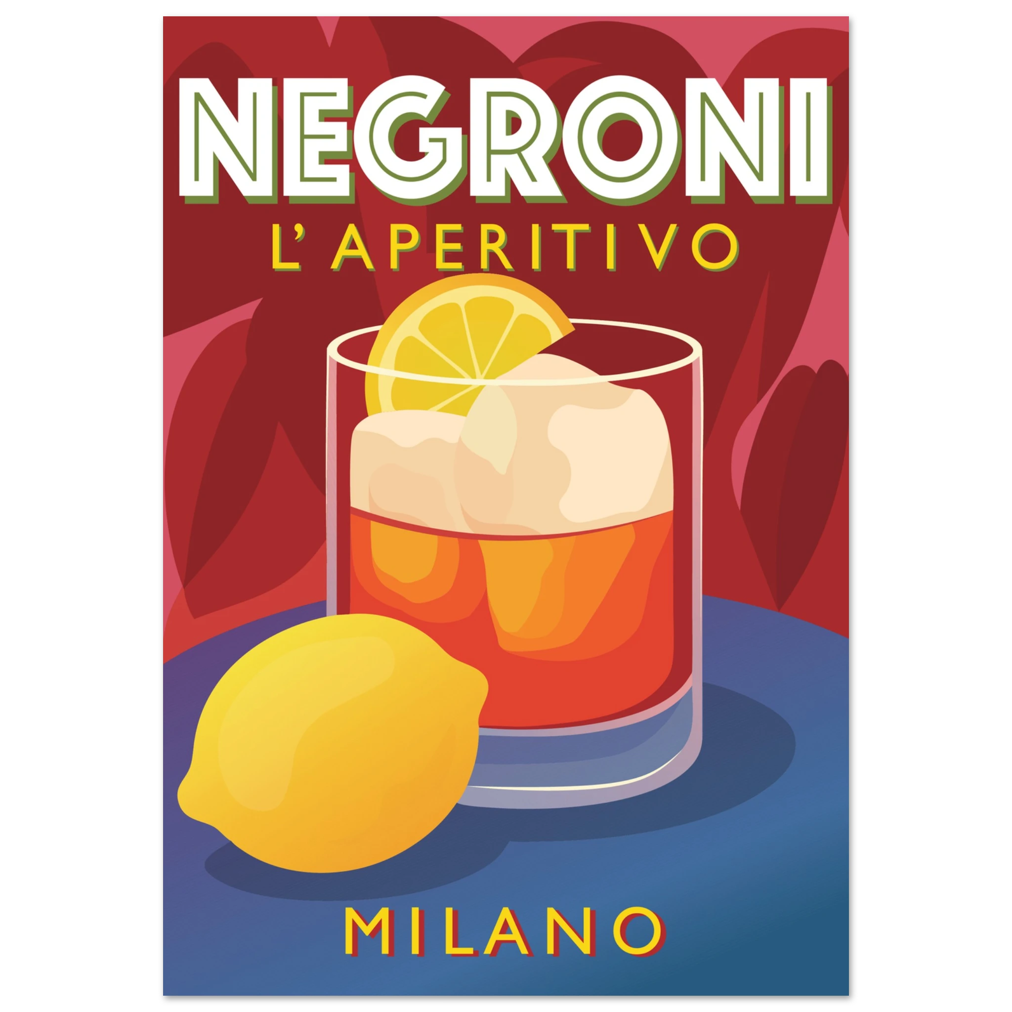 Poster illustrato Campari con bicchiere rosso e limone, stile pop art italiano rétro, grafica elegante da parete.