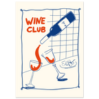 Poster Wine Club con illustrazione di bottiglia di vino e due calici, stile doodle moderno
