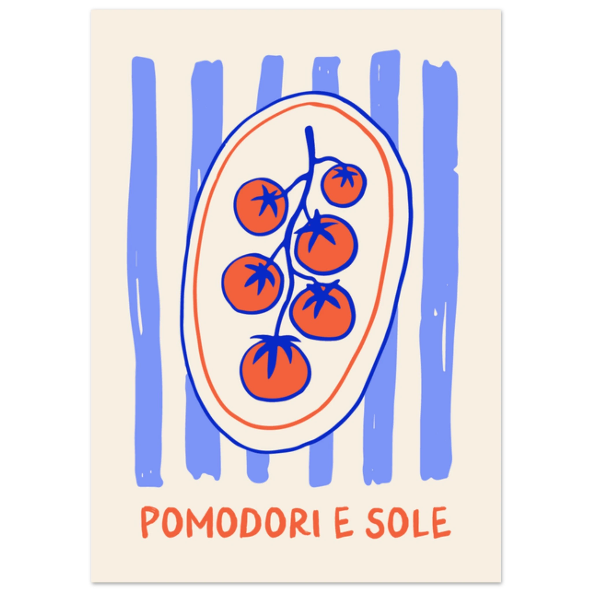 Poster illustrato con pomodori e sole, stile mediterraneo italiano