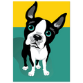 Illustrazione pop art di un Boston Terrier su sfondo verde e giallo, poster moderno per decorazione casa.