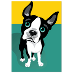 Illustrazione pop art di un Boston Terrier su sfondo verde e giallo, poster moderno per decorazione casa.