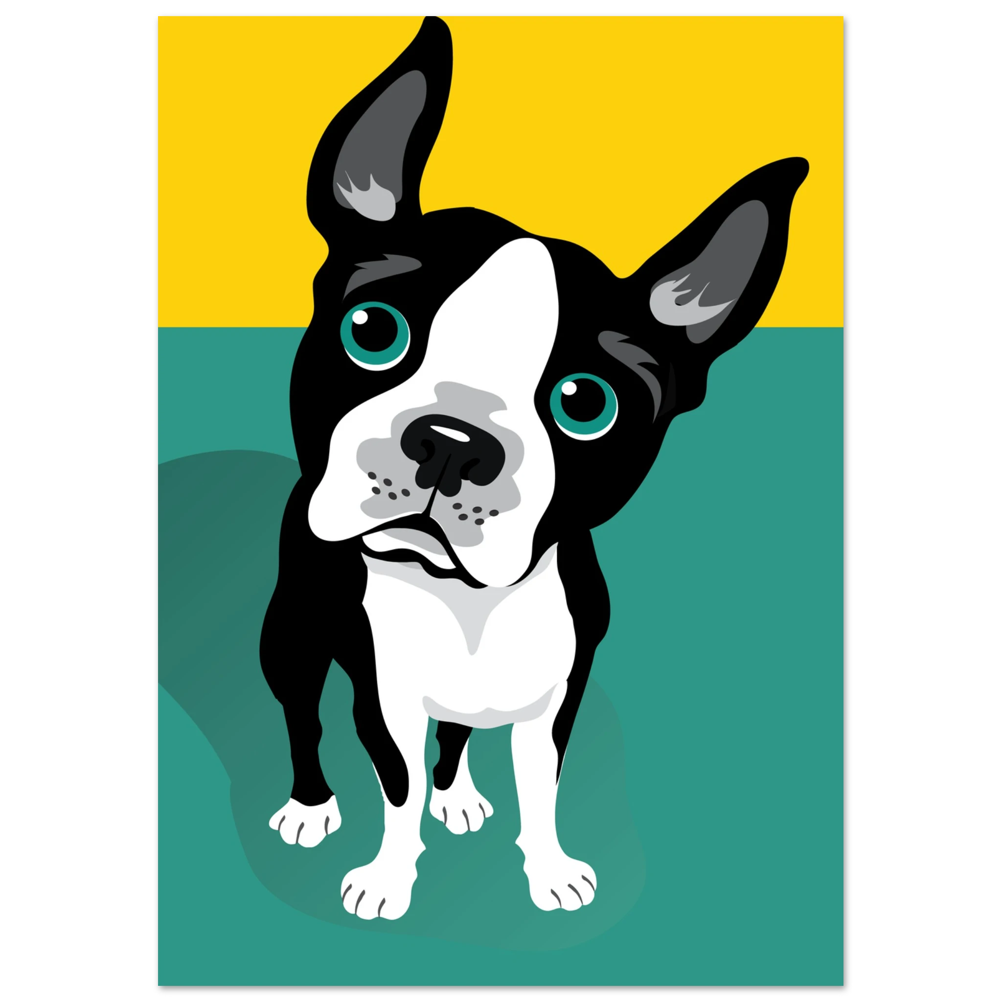 Illustrazione pop art di un Boston Terrier su sfondo verde e giallo, poster moderno per decorazione casa.