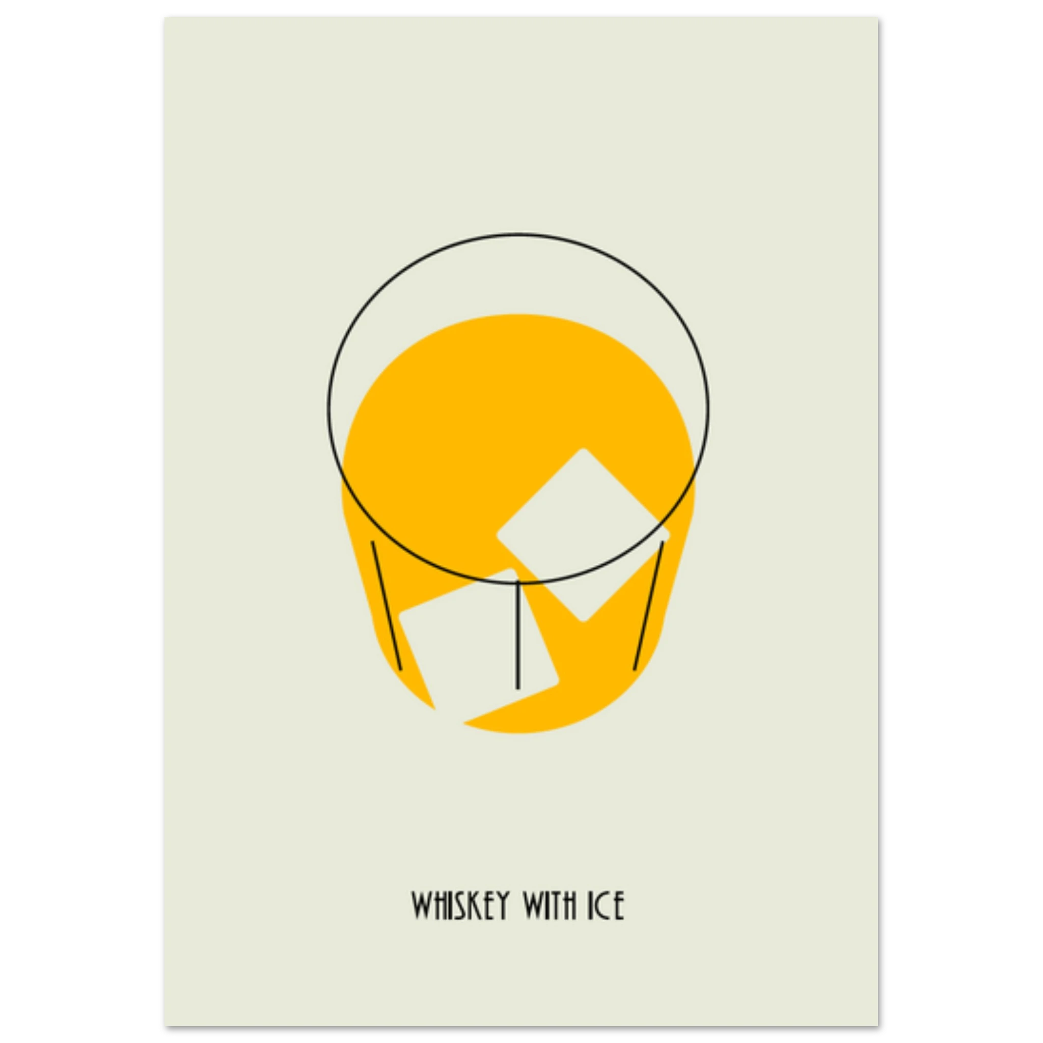 Poster minimal Whiskey with Ice con bicchiere stilizzato e ghiaccio, design moderno elegante