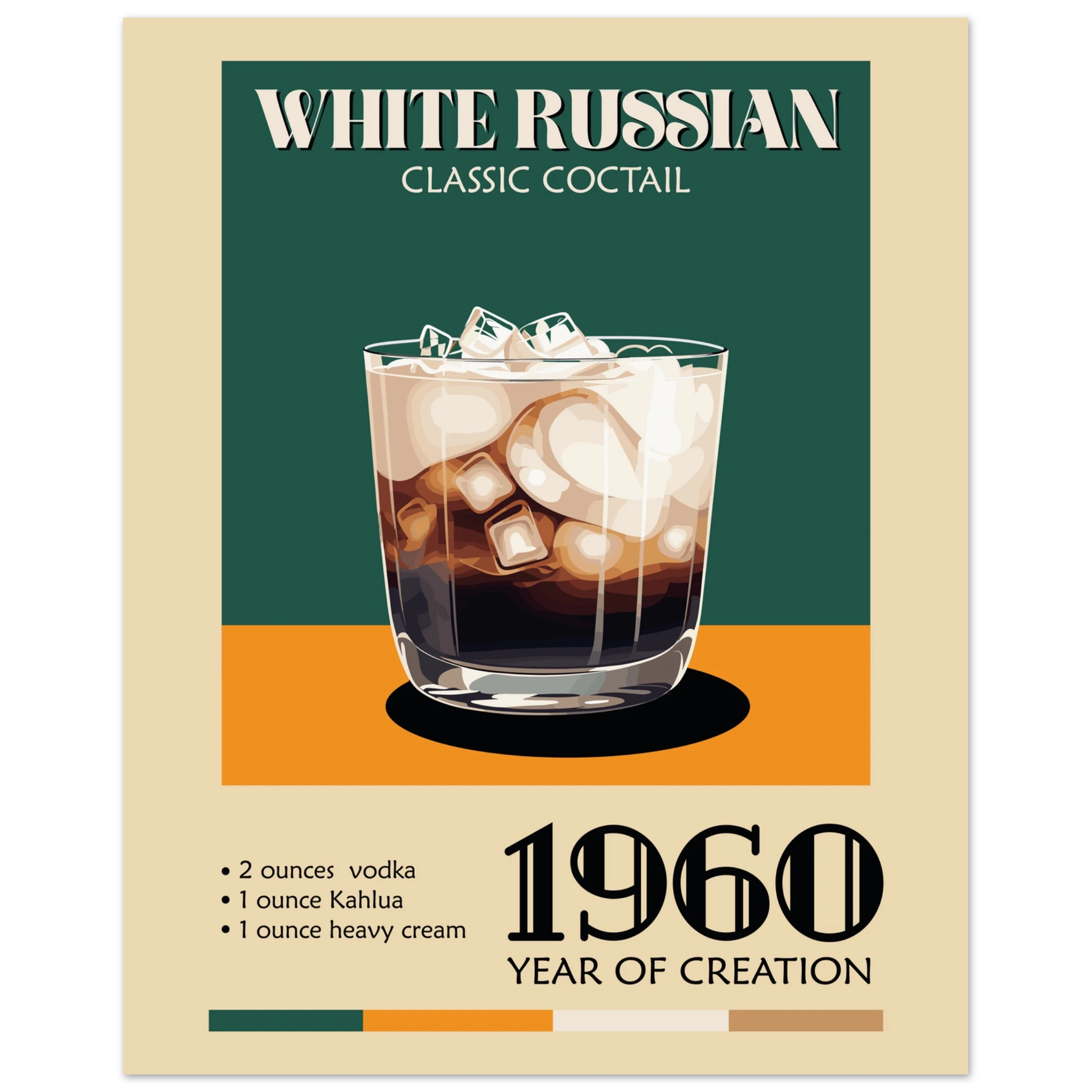 Poster White Russian vintage con bicchiere cocktail e scritta classic cocktail, grafica retrò da bar elegante