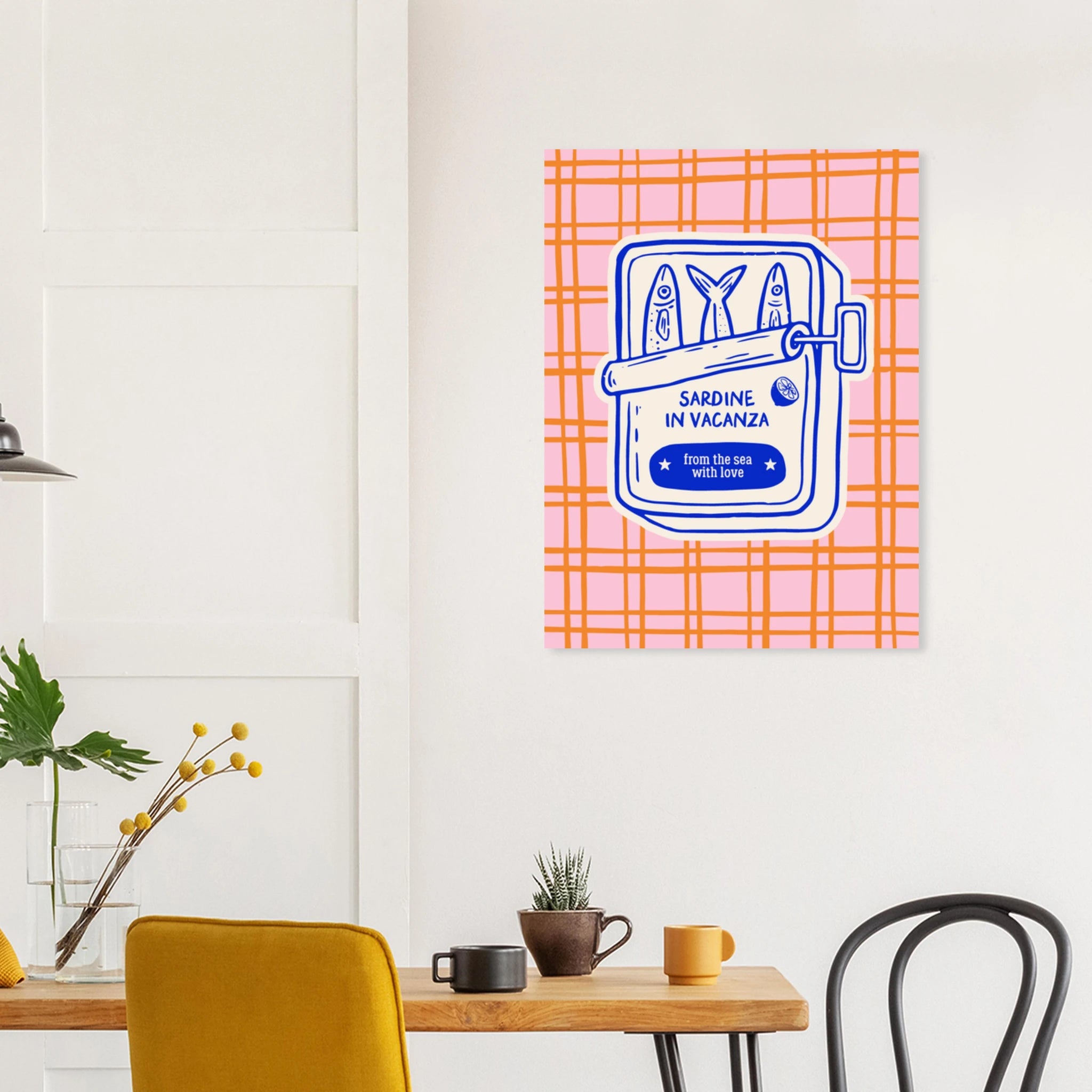 Poster illustrato con sardine e mare, stile di vita mediterraneo italiano