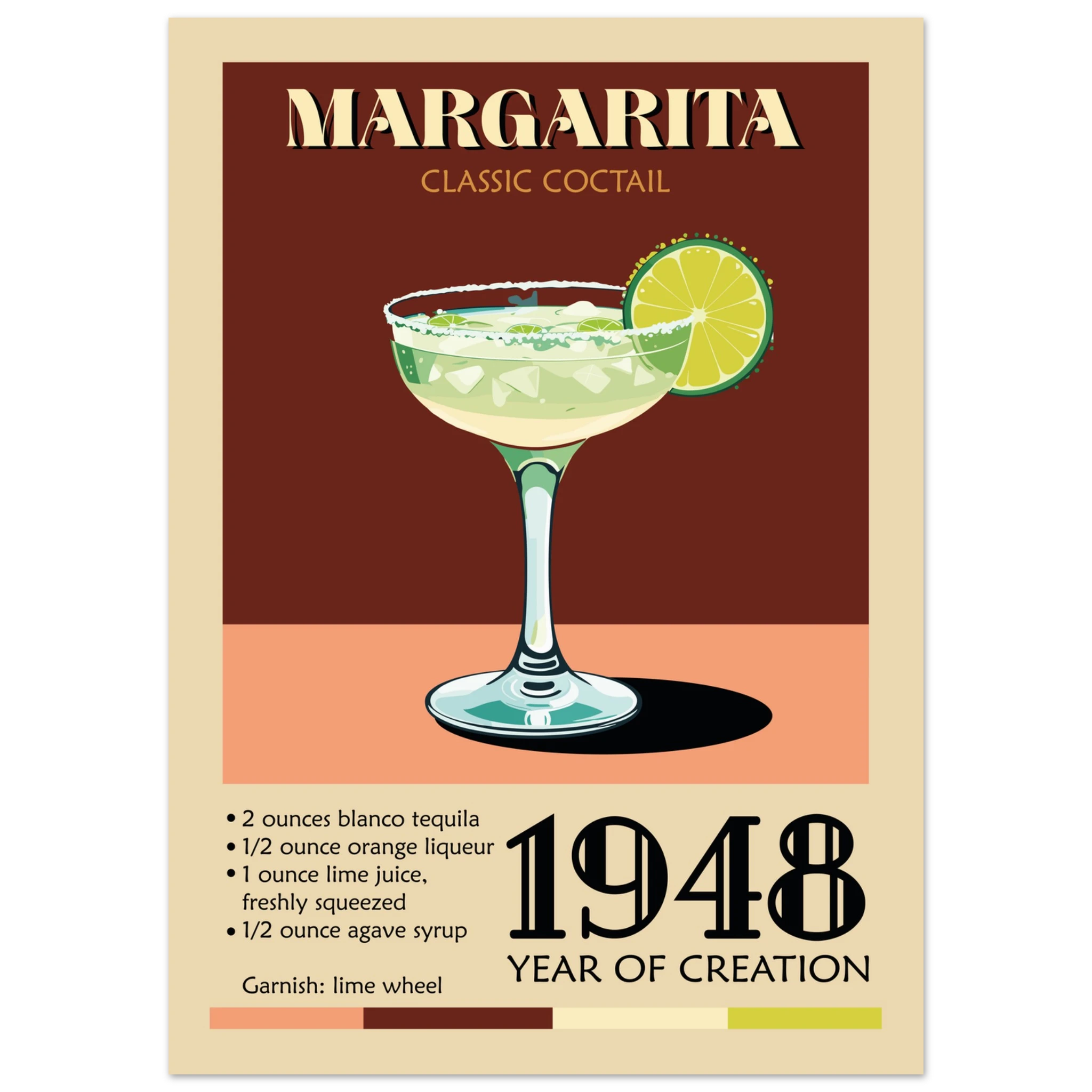 Poster Margarita vintage con cocktail verde e lime, grafica retrò classic cocktail per cucina e angolo bar