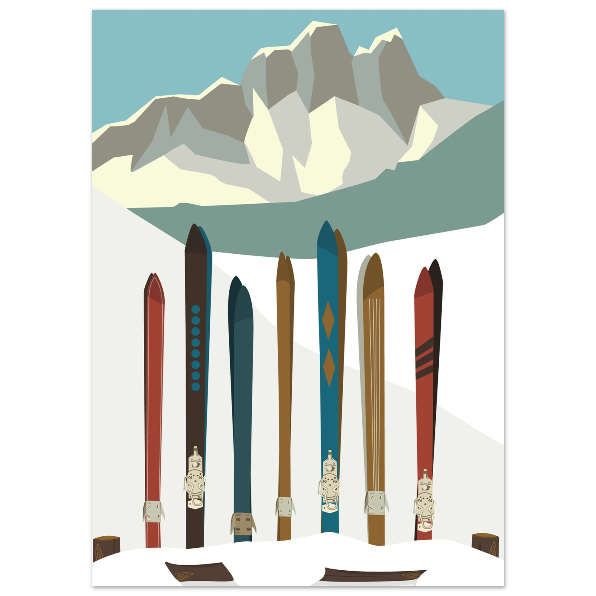 Poster montagna illustrato con sci colorati sulla neve, stile vintage alpino