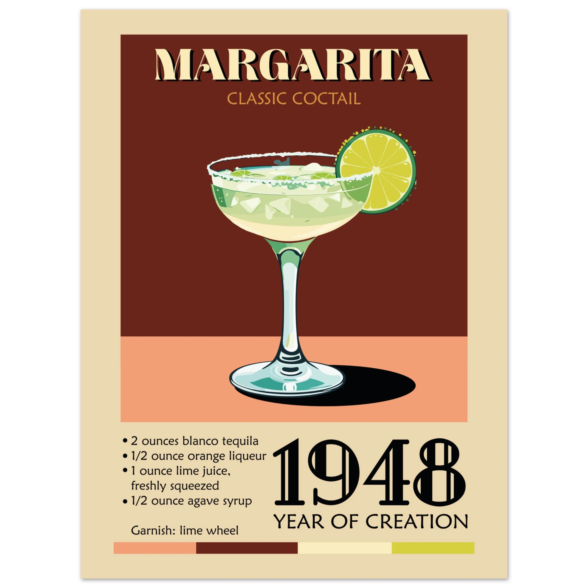 Poster Margarita vintage con cocktail verde e lime, grafica retrò classic cocktail per cucina e angolo bar