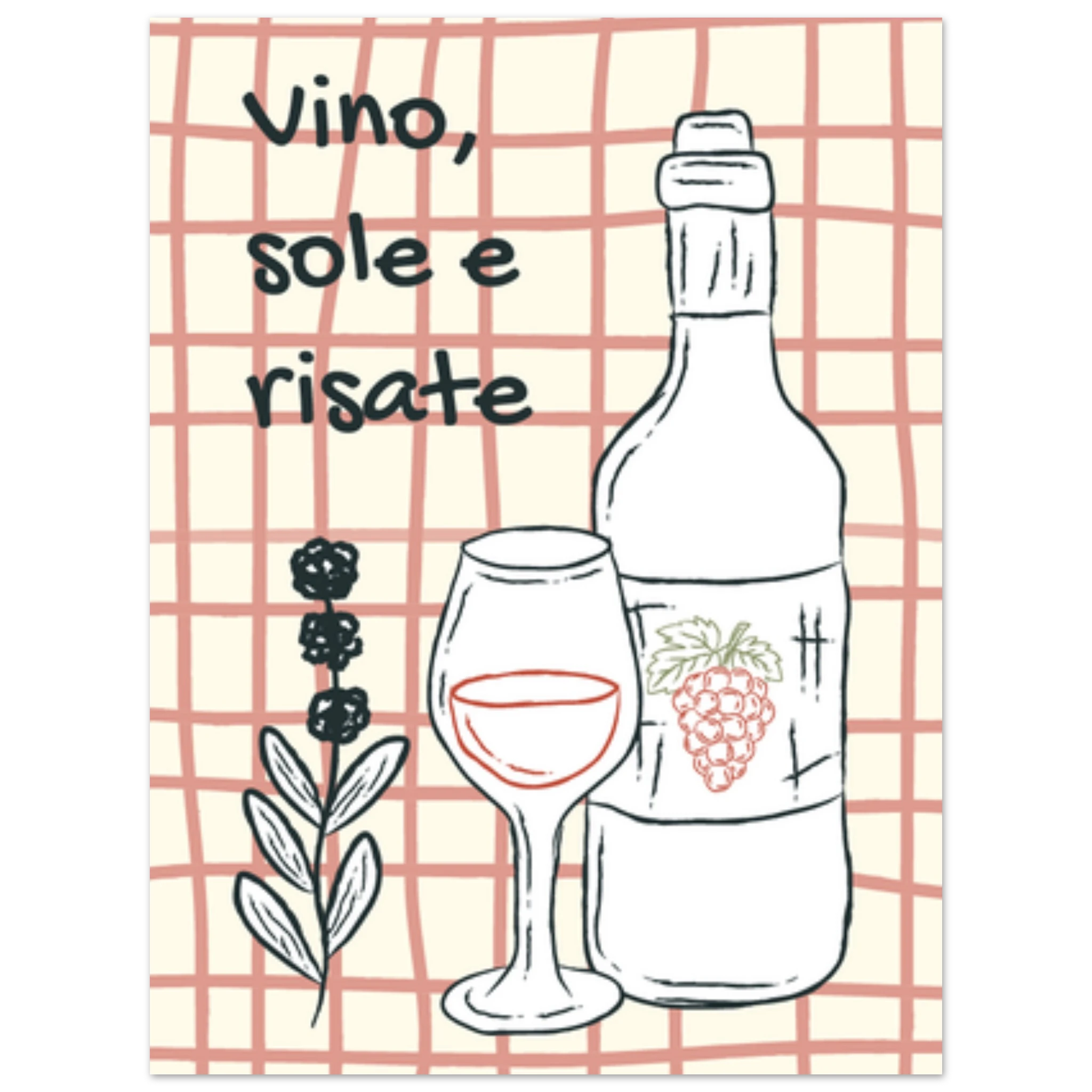 Poster illustrato con vino e bicchieri, convivialità e stile di vita italiano