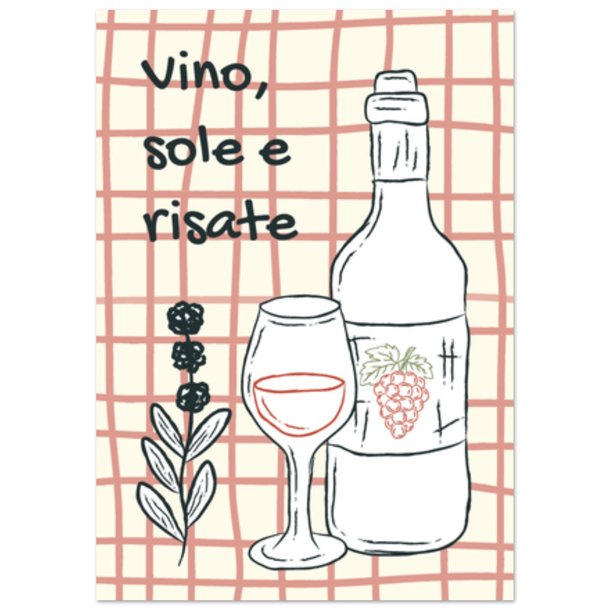 Poster illustrato con vino e bicchieri, convivialità e stile di vita italiano