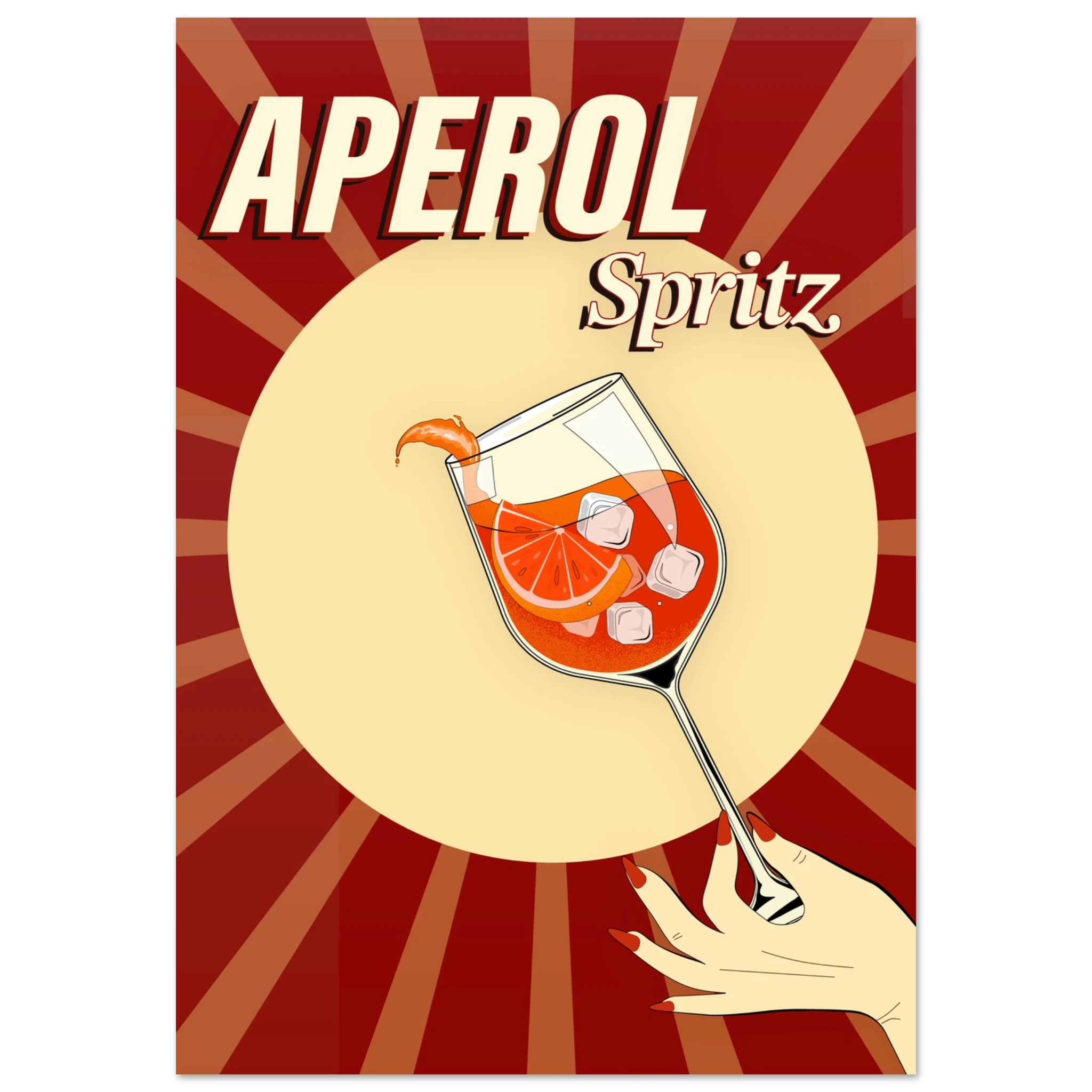 Poster Aperol Spritz vintage pop con raggi rétro e bicchiere cocktail, wall art aperitivo italiano