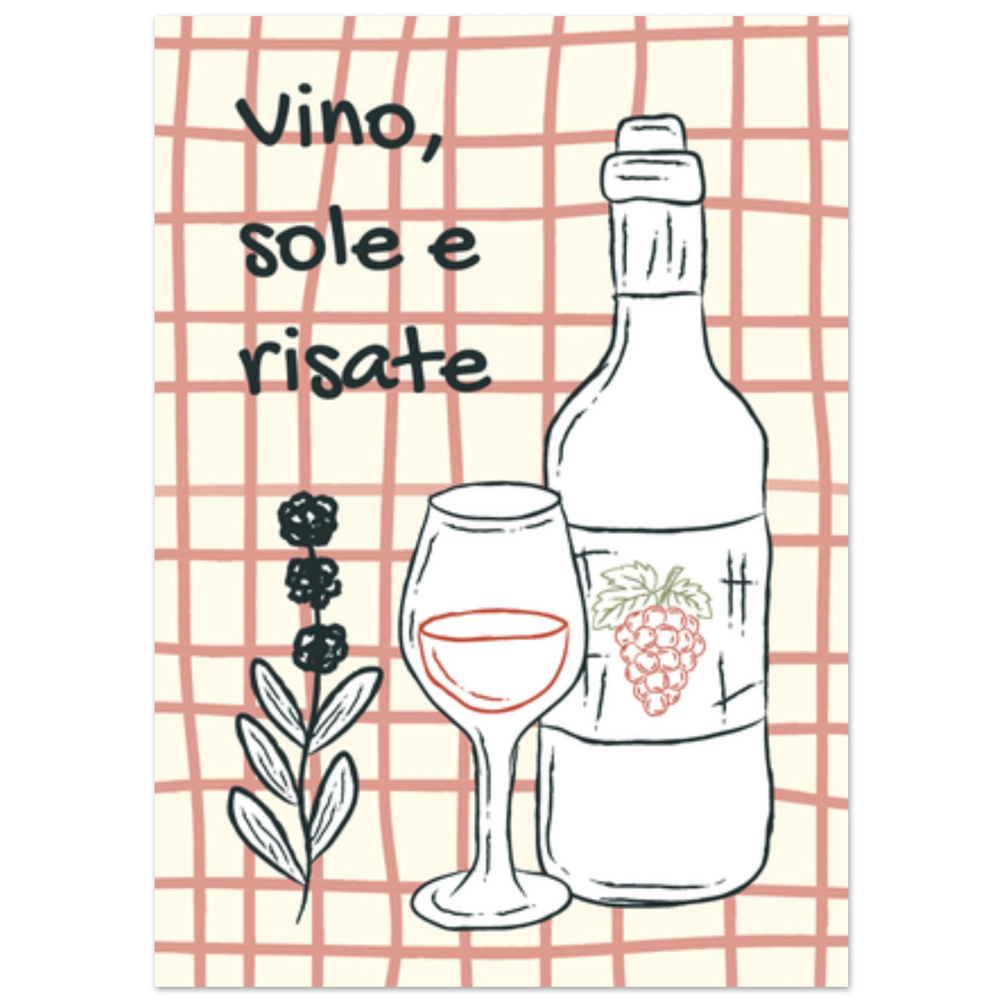Poster illustrato con vino e bicchieri, convivialità e stile di vita italiano