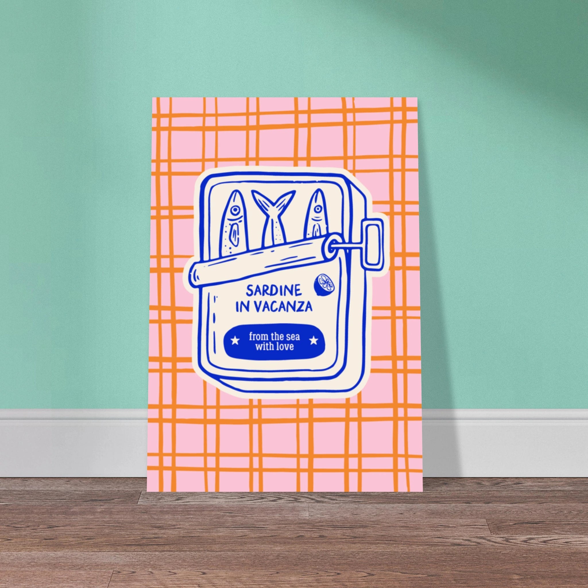 Poster illustrato con sardine e mare, stile di vita mediterraneo italiano