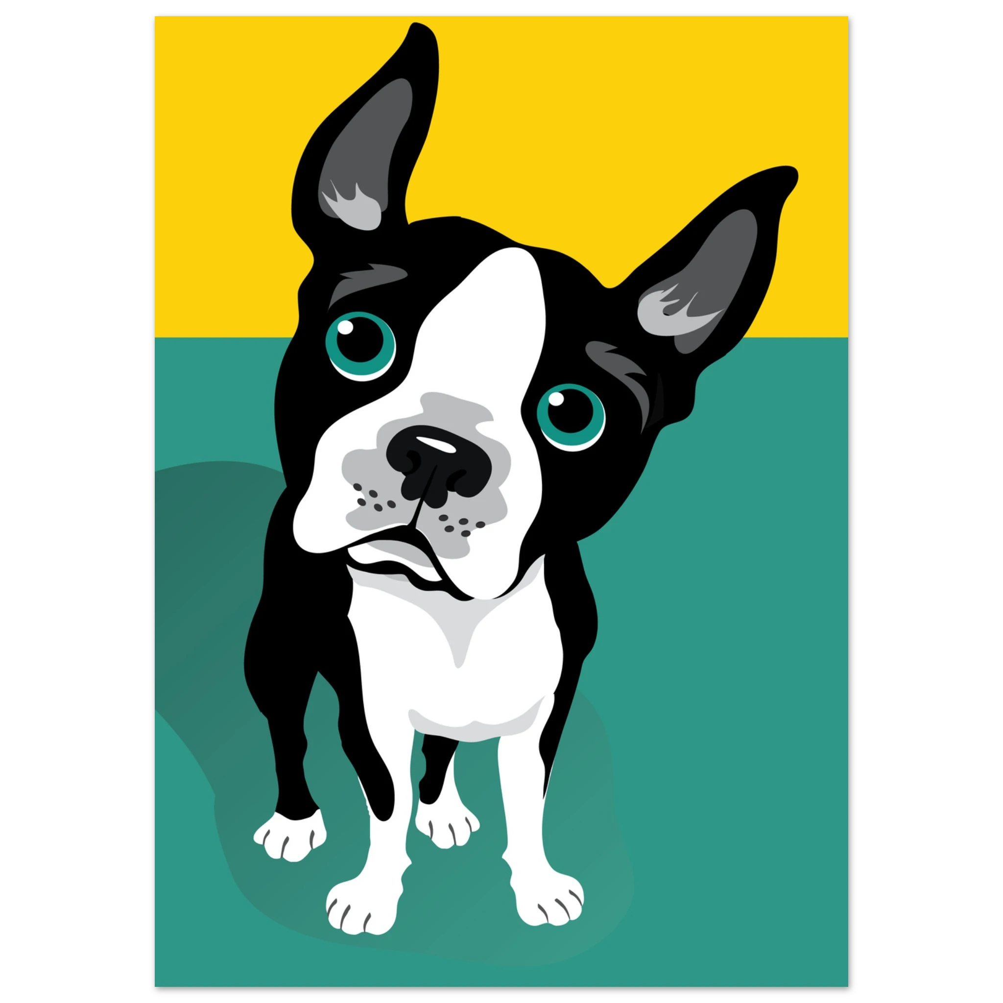 Illustrazione pop art di un Boston Terrier su sfondo verde e giallo, poster moderno per decorazione casa.