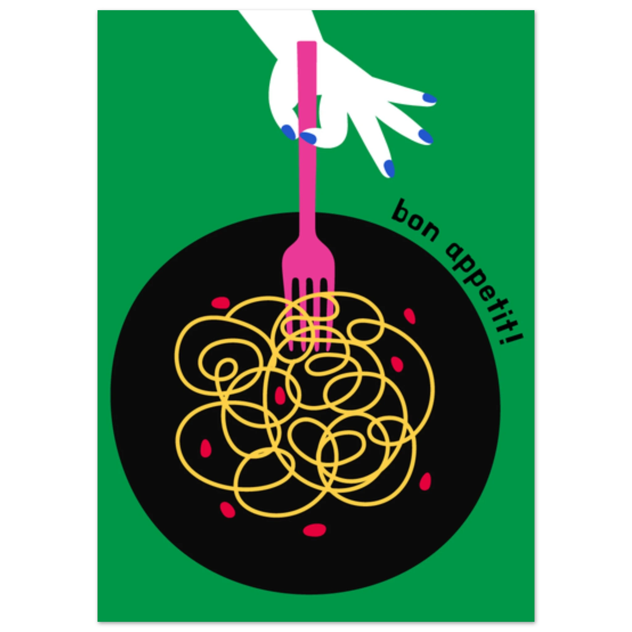 Poster illustrato con piatto di pasta in stile moderno, convivialità italiana