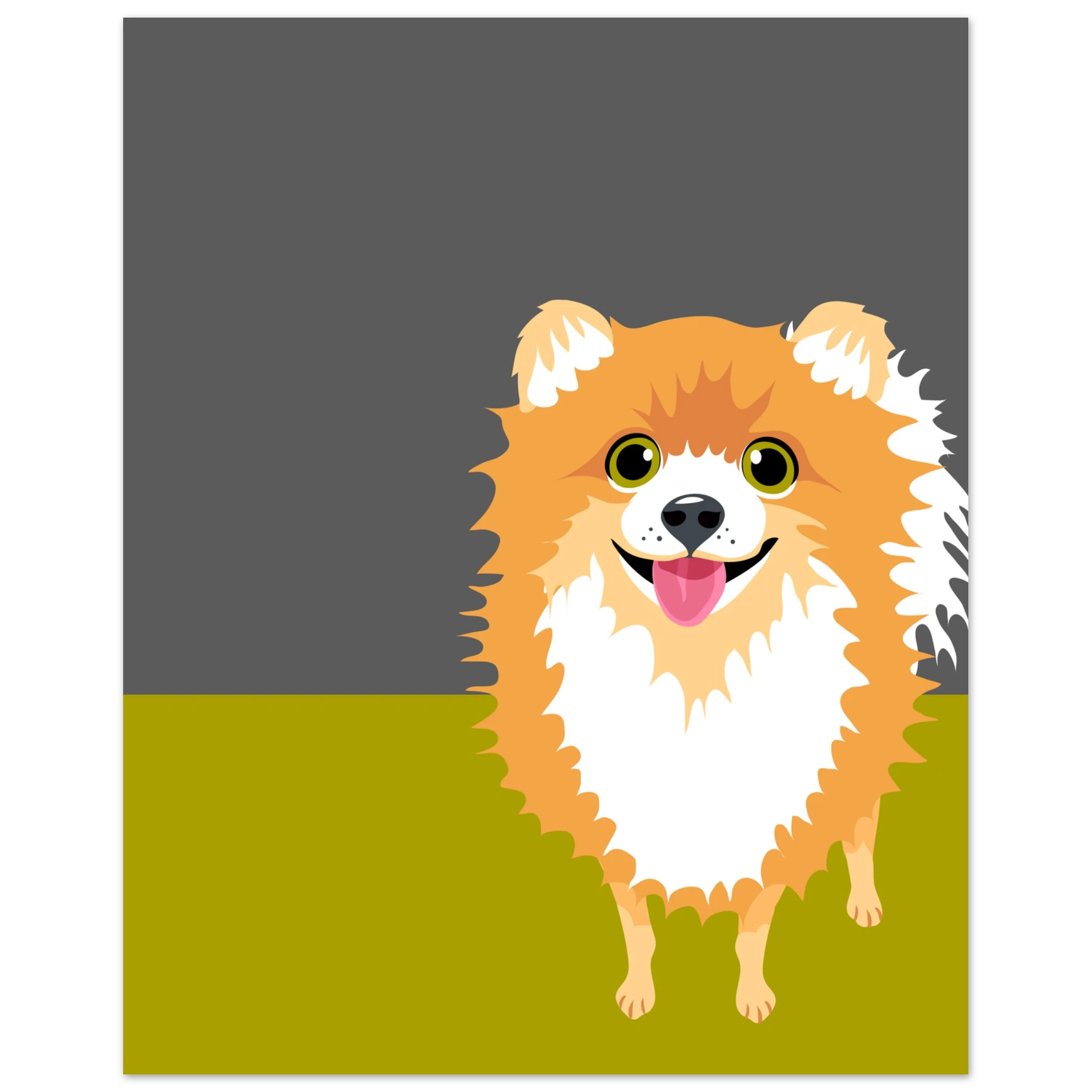 Poster pop art con illustrazione di un volpino, cane soffice e simpatico, decorazione moderna per casa e amanti dei cani.