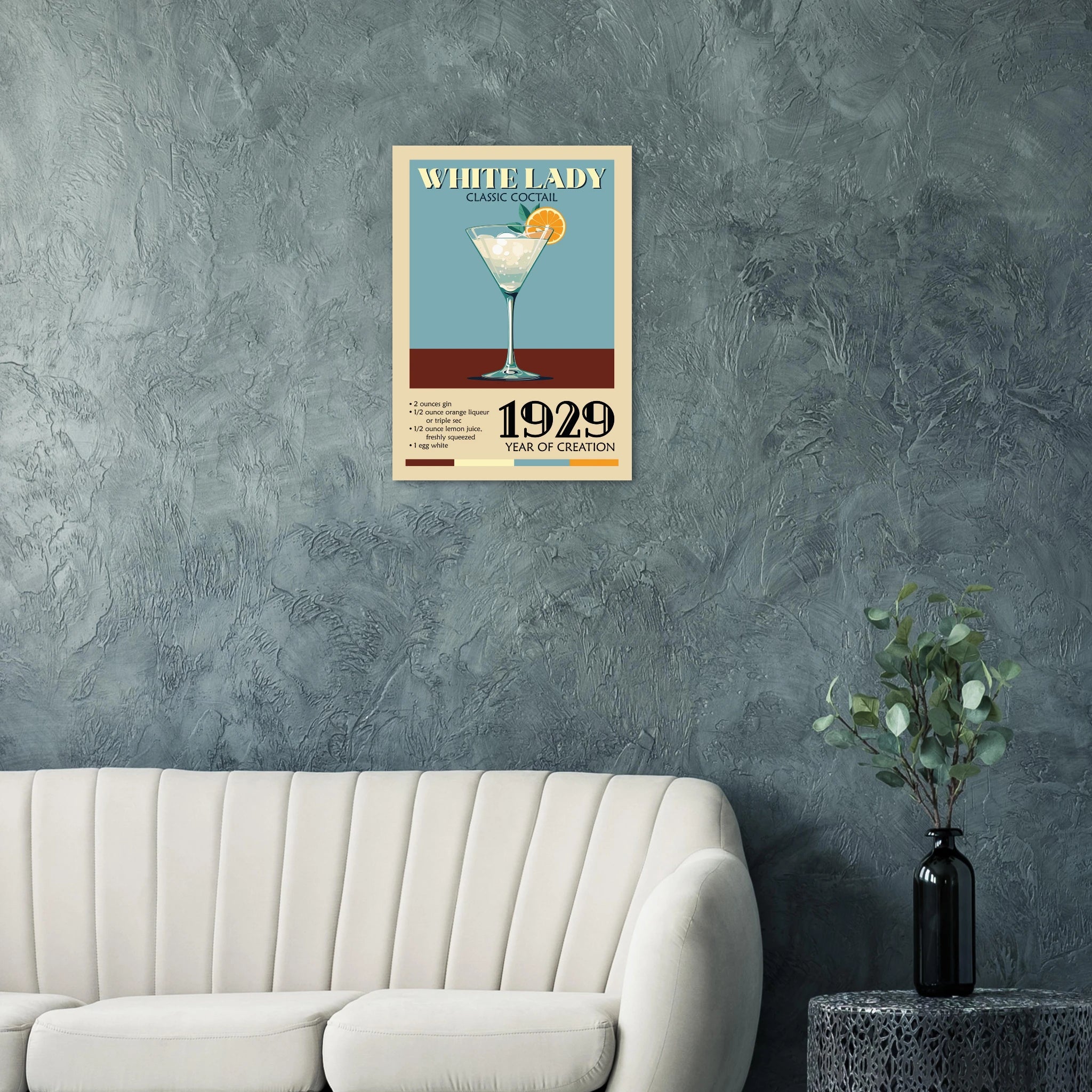 Poster White Lady cocktail vintage con bicchiere e scritta classic cocktail, stile retrò elegante
