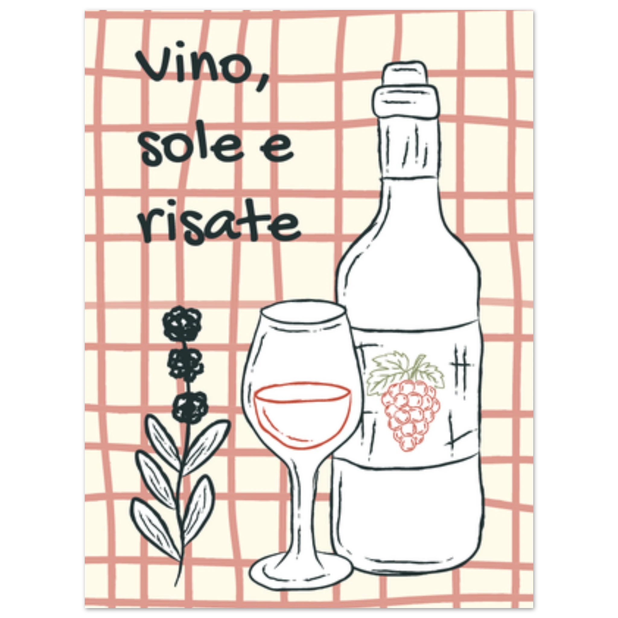 Poster illustrato con vino e bicchieri, convivialità e stile di vita italiano