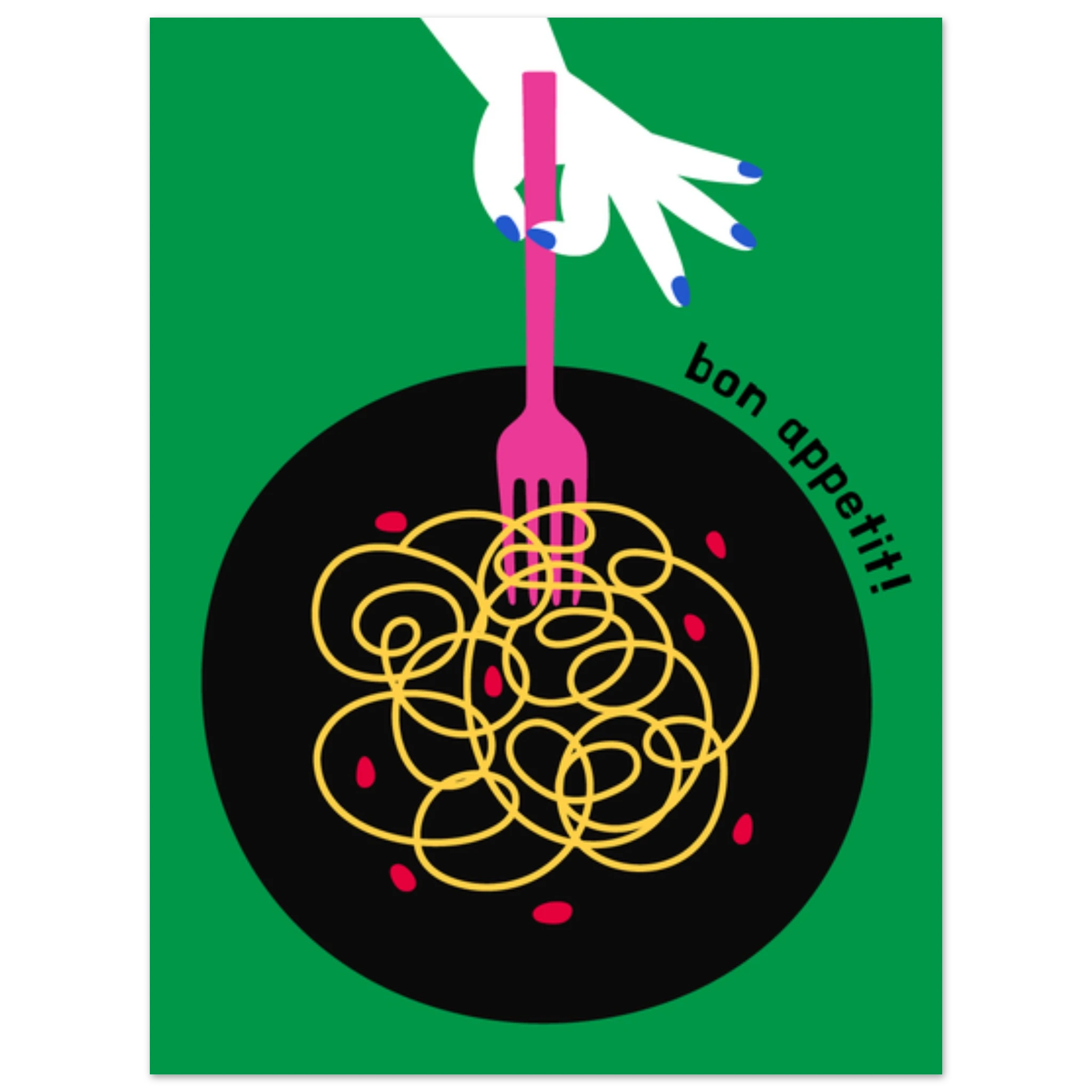 Poster illustrato con piatto di pasta in stile moderno, convivialità italiana