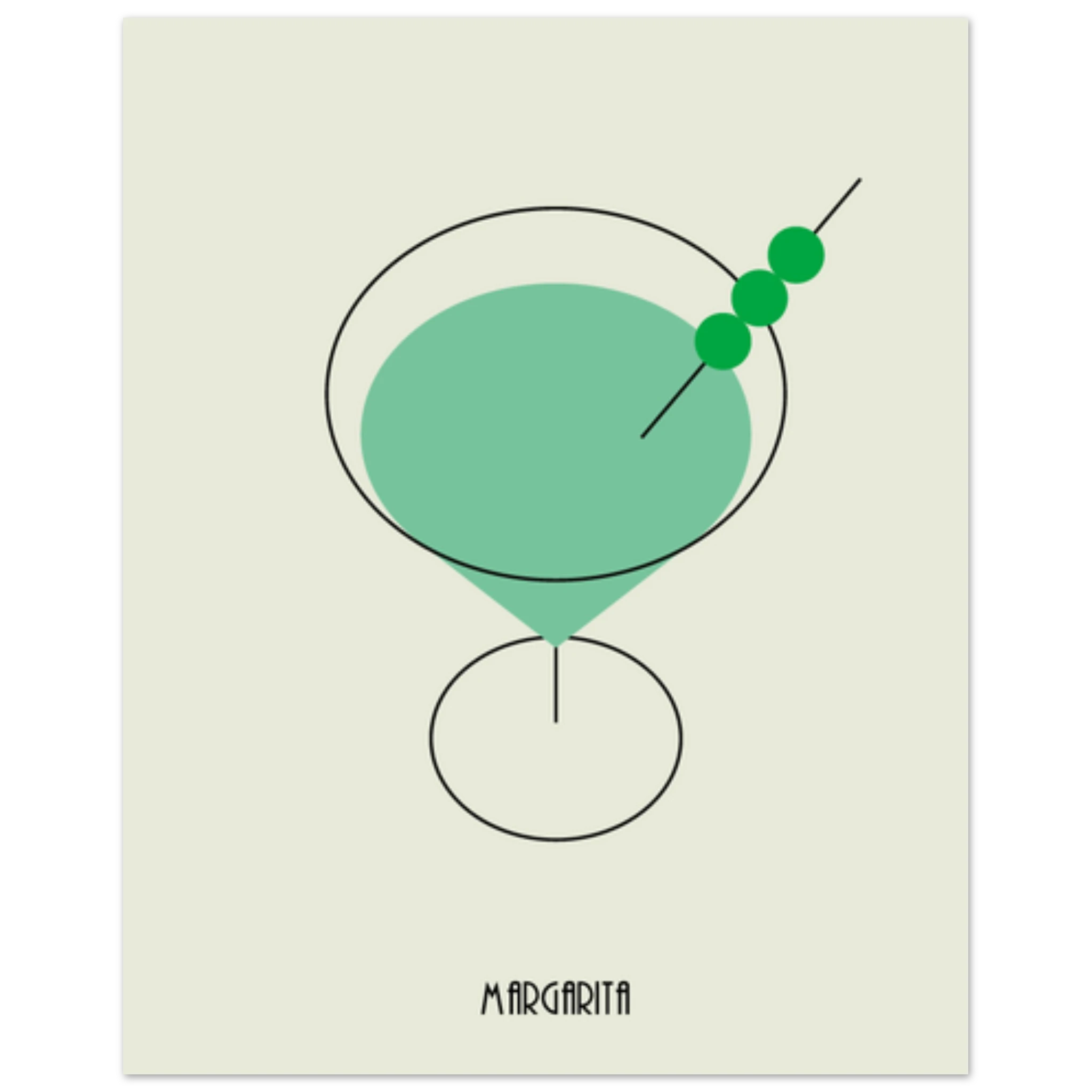 Poster minimal Margarita con cocktail verde e oliva, design moderno elegante per pareti e angolo bar