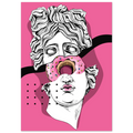 Poster pop art con statua classica bianca e donut rosa sull’occhio, sfondo fucsia, arte contemporanea ironica