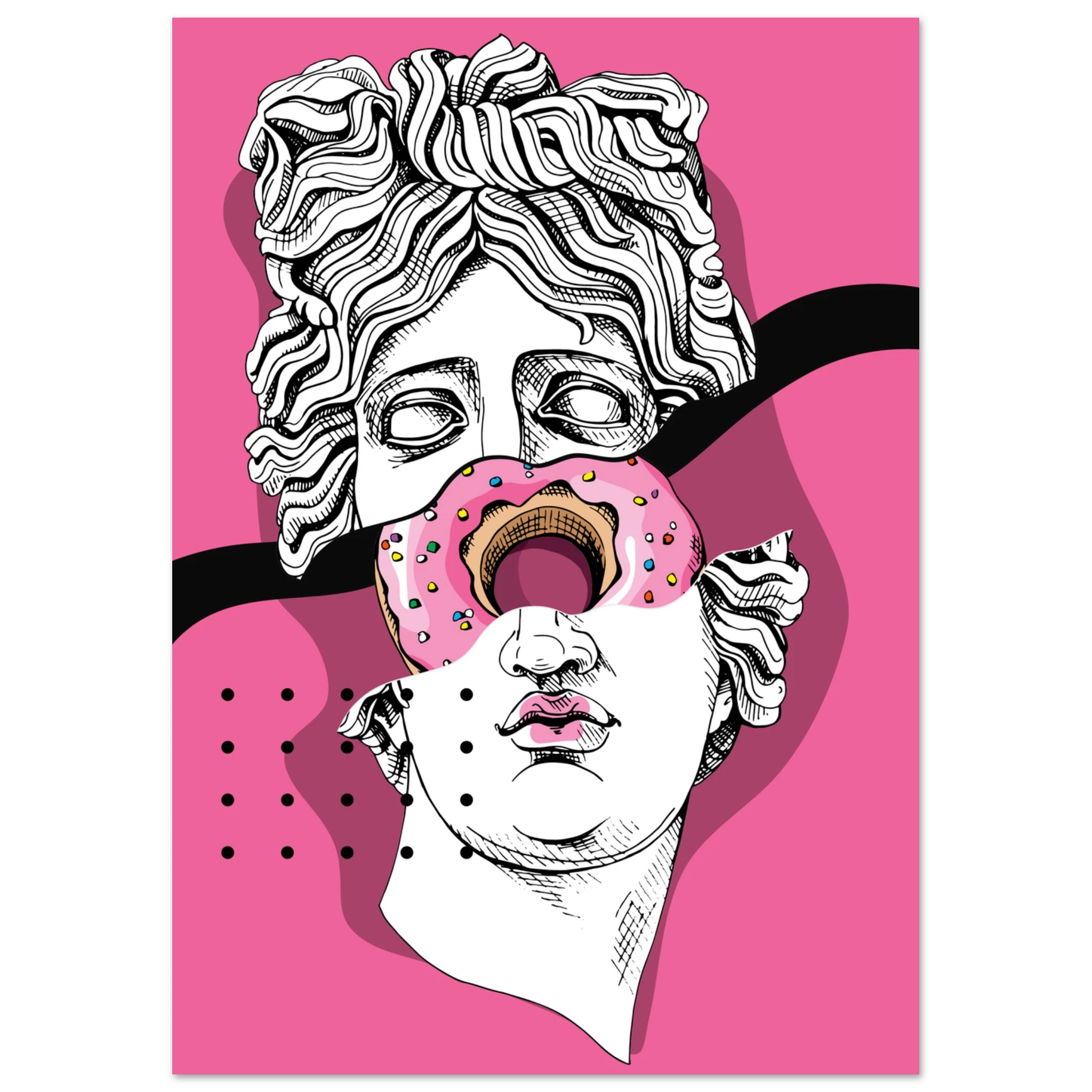 Poster pop art con statua classica bianca e donut rosa sull’occhio, sfondo fucsia, arte contemporanea ironica