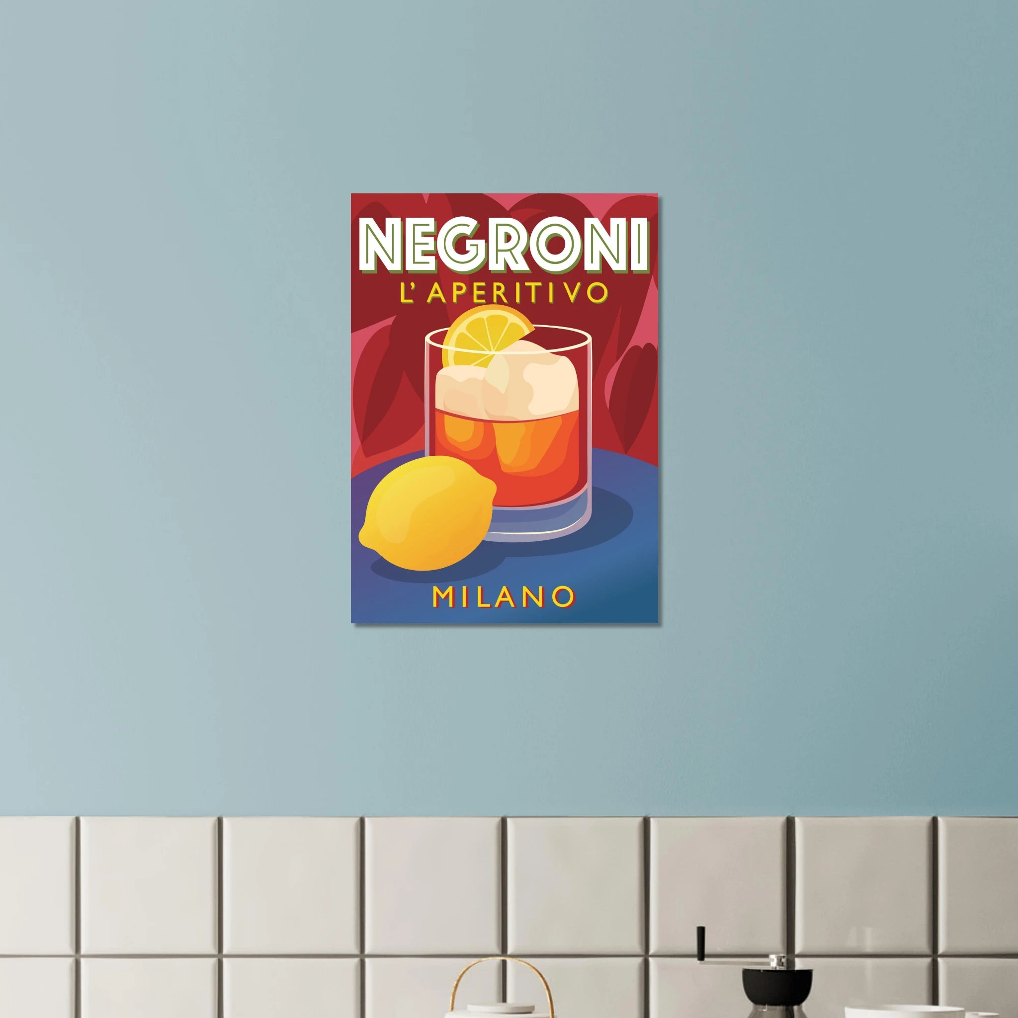 Poster illustrato Campari con bicchiere rosso e limone, stile pop art italiano rétro, grafica elegante da parete.