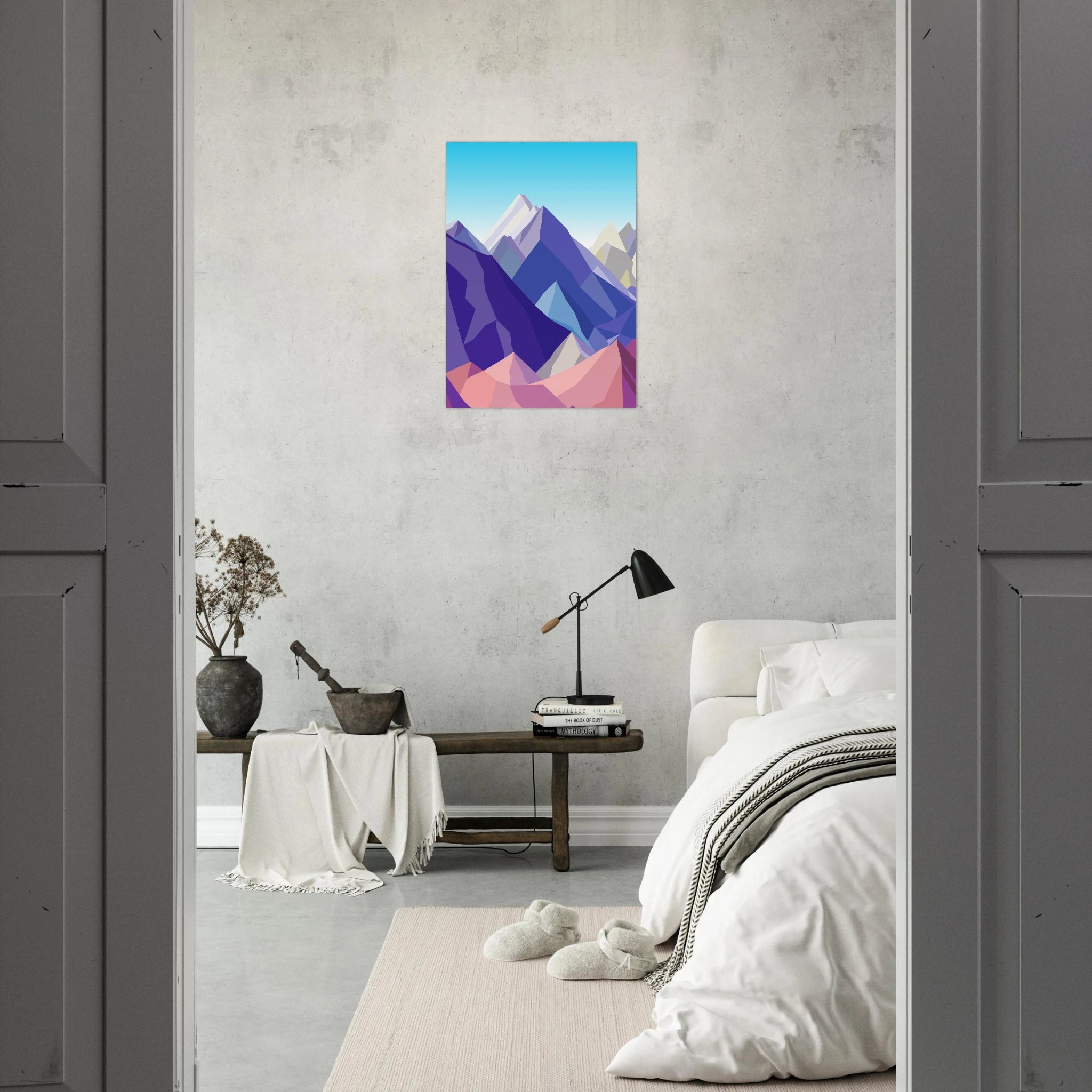 Poster montagna in stile arte moderna con vette colorate stilizzate