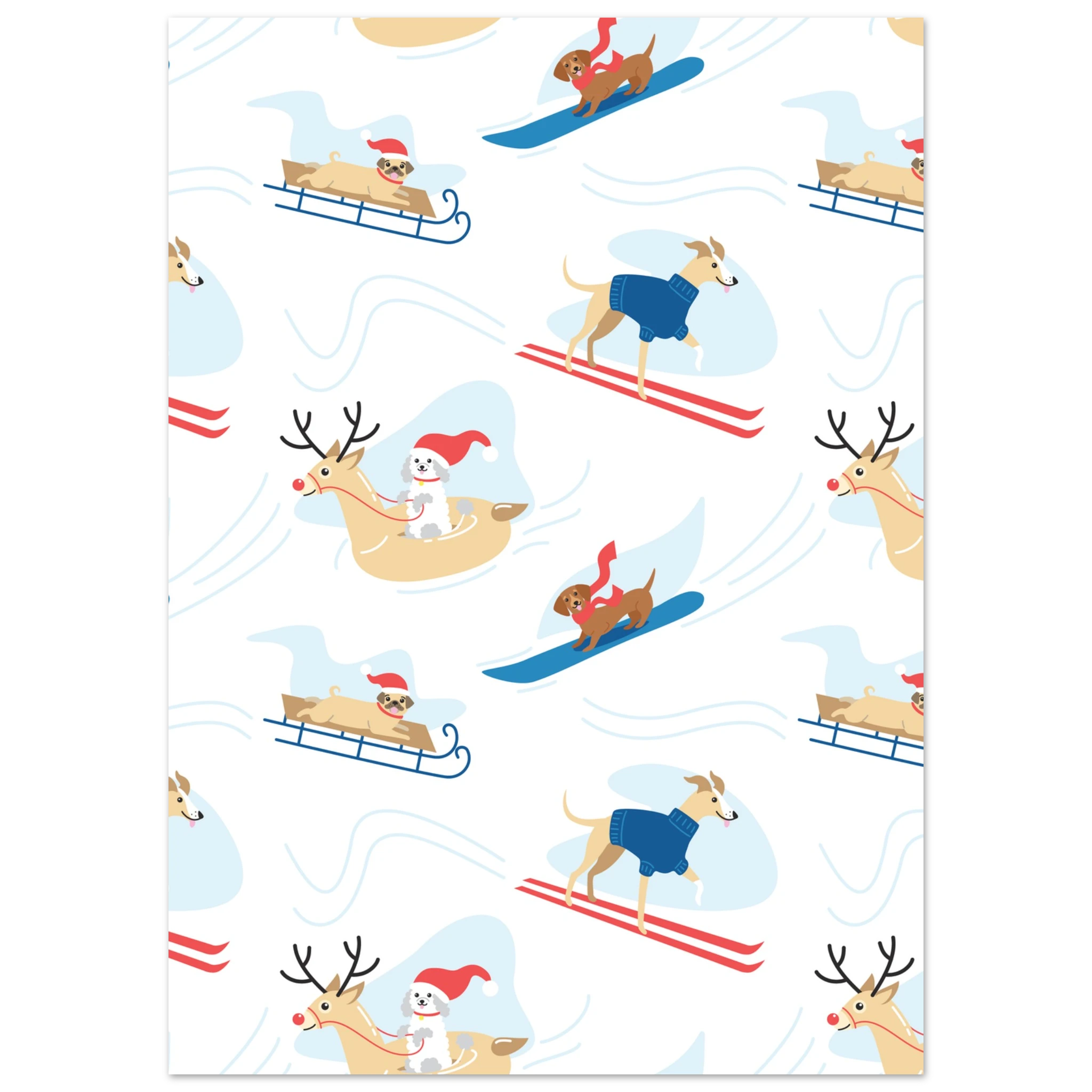 Poster montagna illustrato con cani sulla neve tra sci e slitte, stile vintage