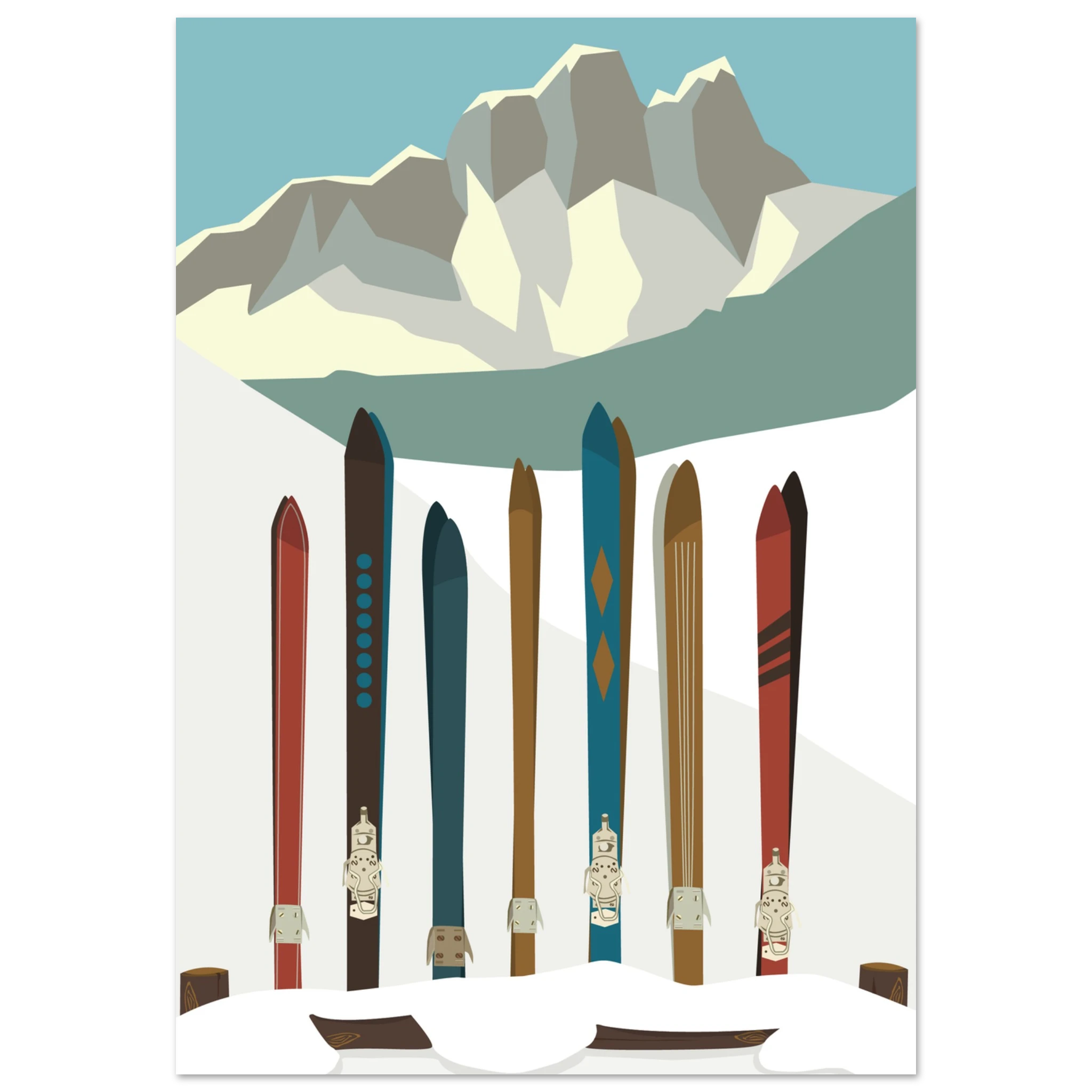 Poster montagna illustrato con sci colorati sulla neve, stile vintage alpino