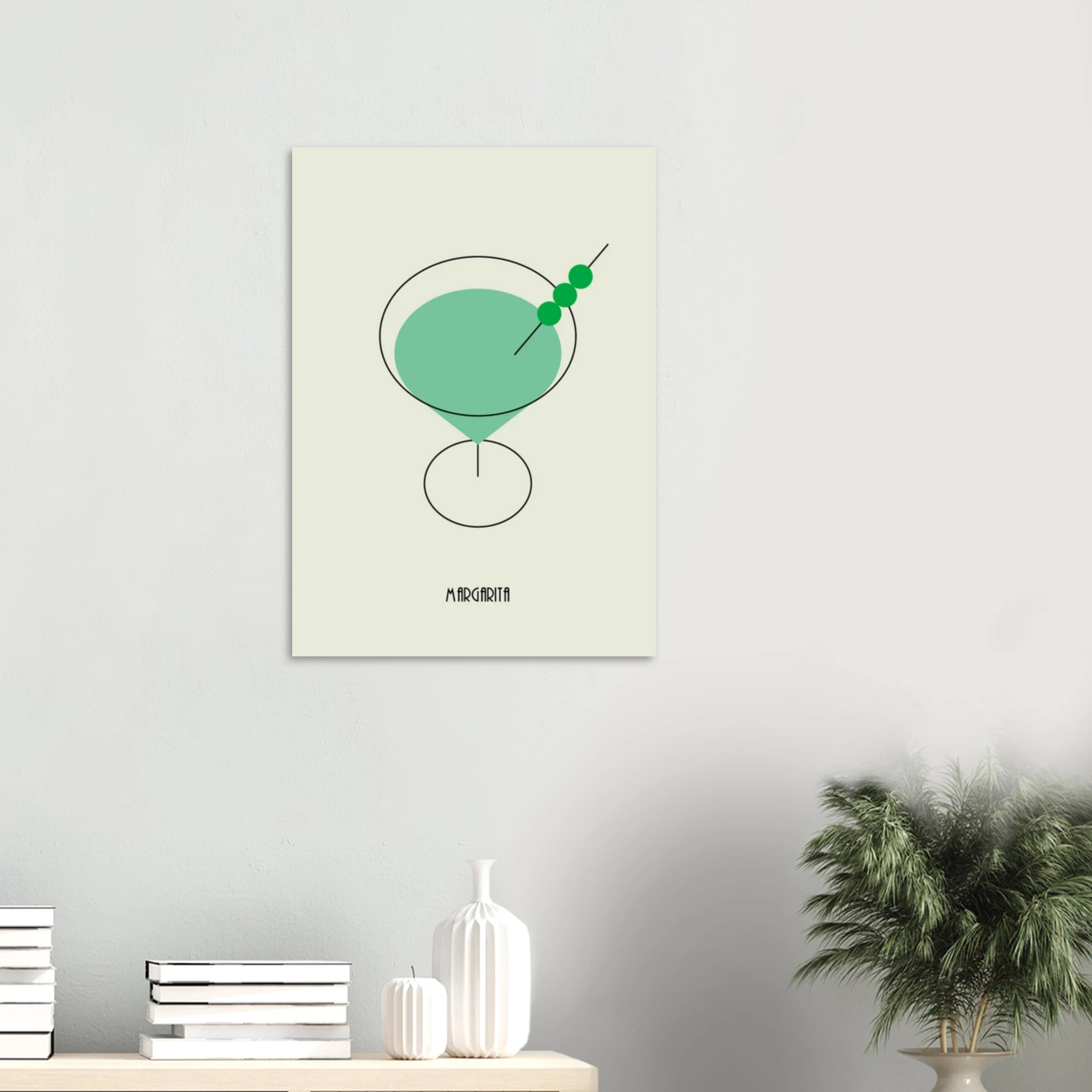 Poster minimal Margarita con cocktail verde e oliva, design moderno elegante per pareti e angolo bar