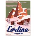 Poster illustrato di Cortina ispirato alle Alpi e agli sport invernali, in stile iconico e contemporaneo