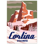 Poster illustrato di Cortina ispirato alle Alpi e agli sport invernali, in stile iconico e contemporaneo