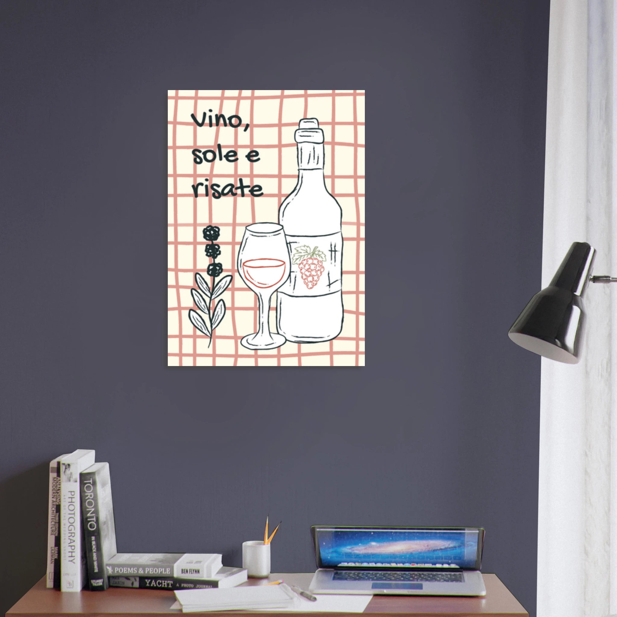 Poster illustrato con vino e bicchieri, convivialità e stile di vita italiano