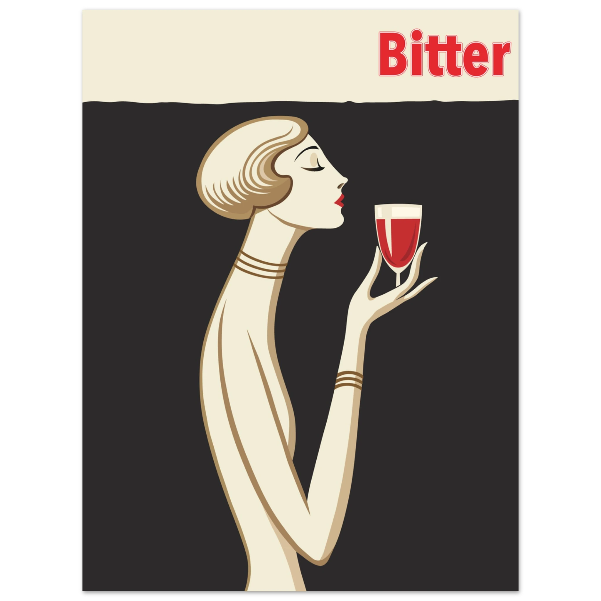 Poster Bitter in stile Art Déco con donna elegante che tiene un calice rosso, grafica vintage
