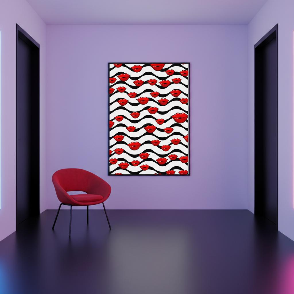 Poster pop art con labbra rosse ripetute su sfondo bianco e onde nere, pattern grafico moderno da parete