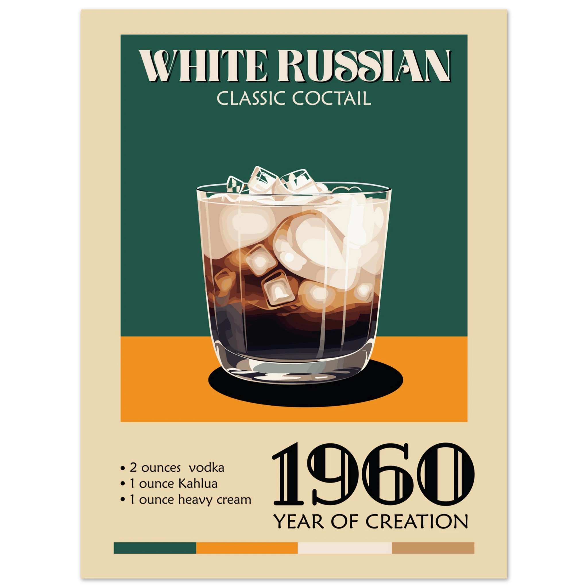 Poster White Russian vintage con bicchiere cocktail e scritta classic cocktail, grafica retrò da bar elegante