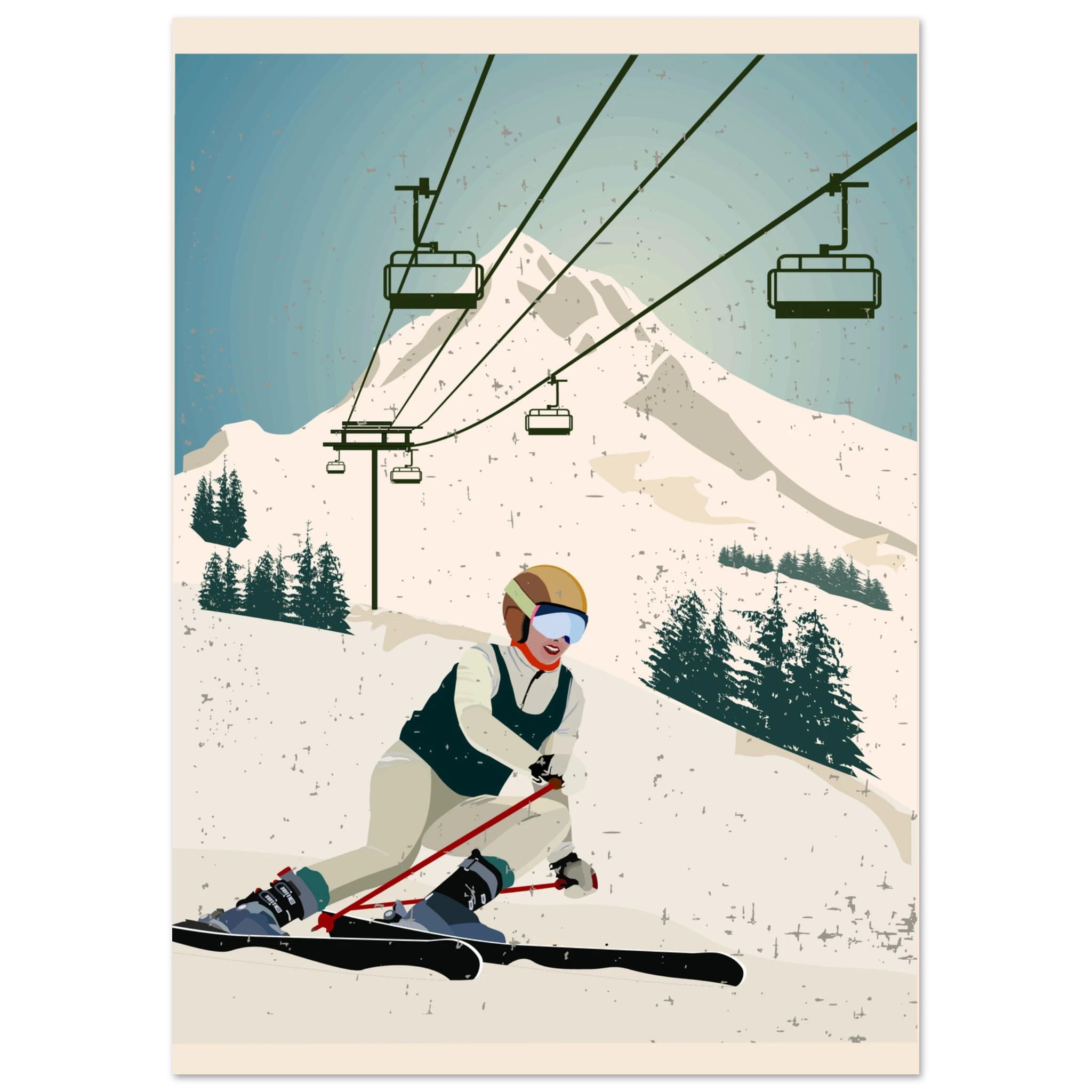 Poster Discesa Alpina con sciatore in discesa e paesaggio montano innevato, arte grafica moderna wall art sportiva
