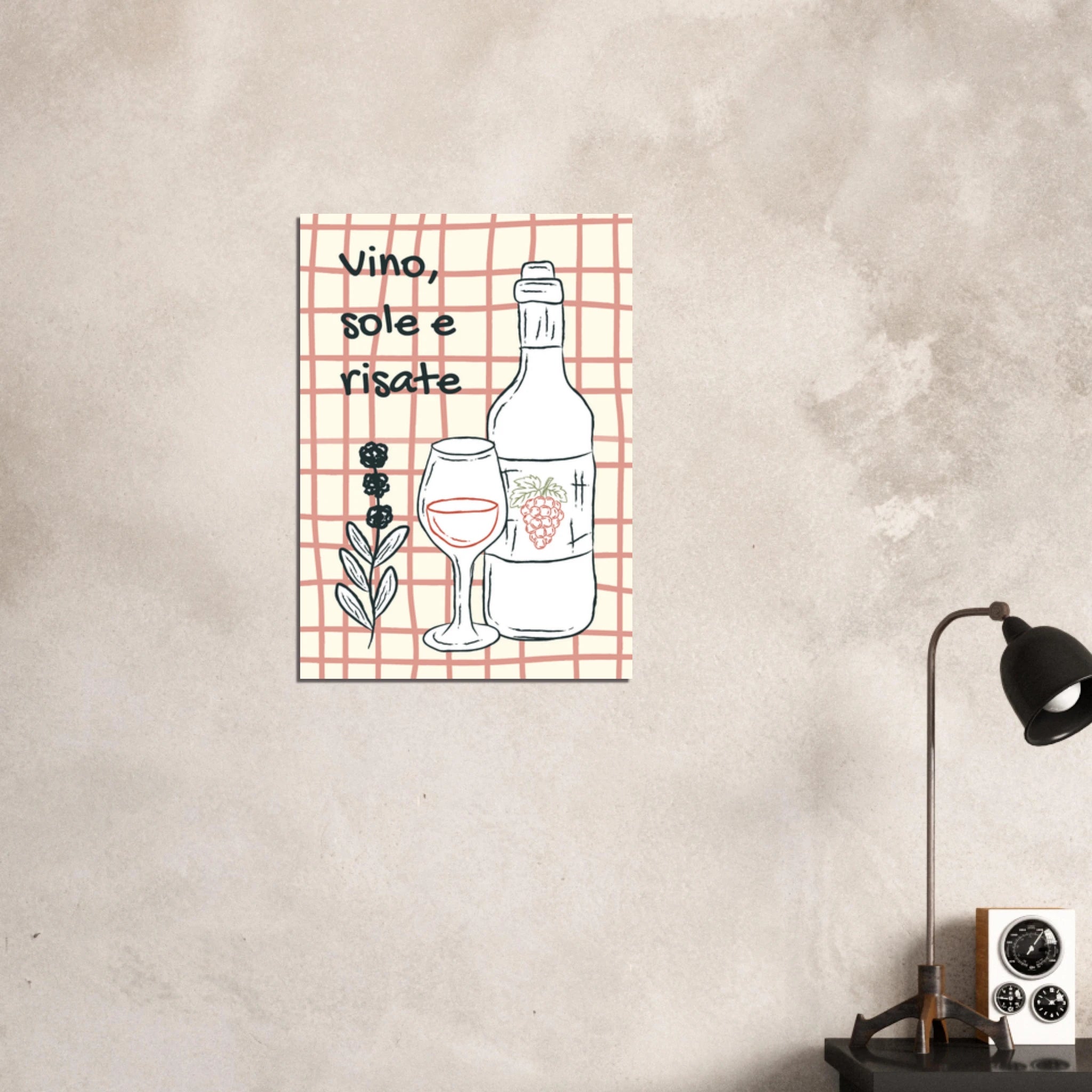 Poster illustrato con vino e bicchieri, convivialità e stile di vita italiano