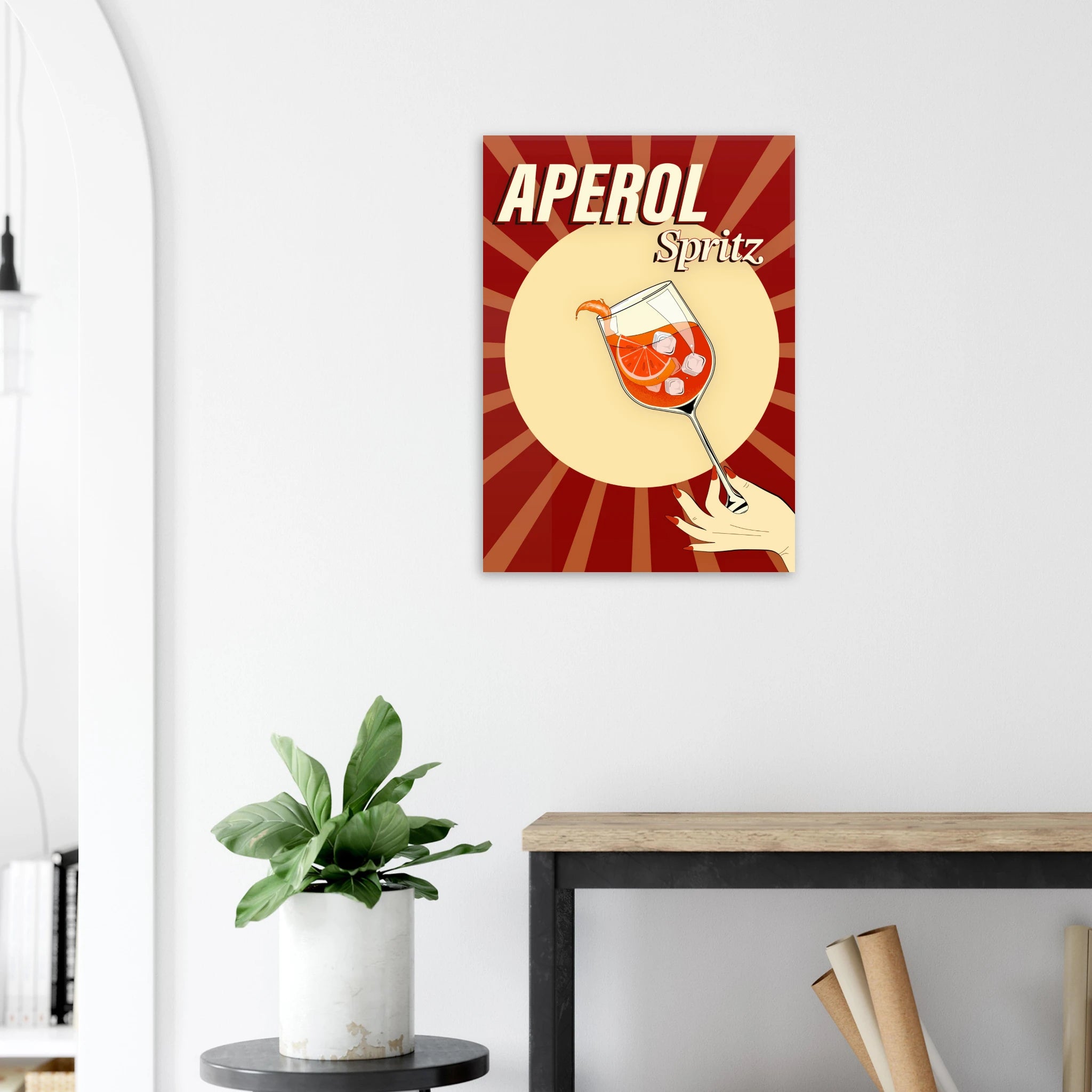 Poster Aperol Spritz vintage pop con raggi rétro e bicchiere cocktail, wall art aperitivo italiano