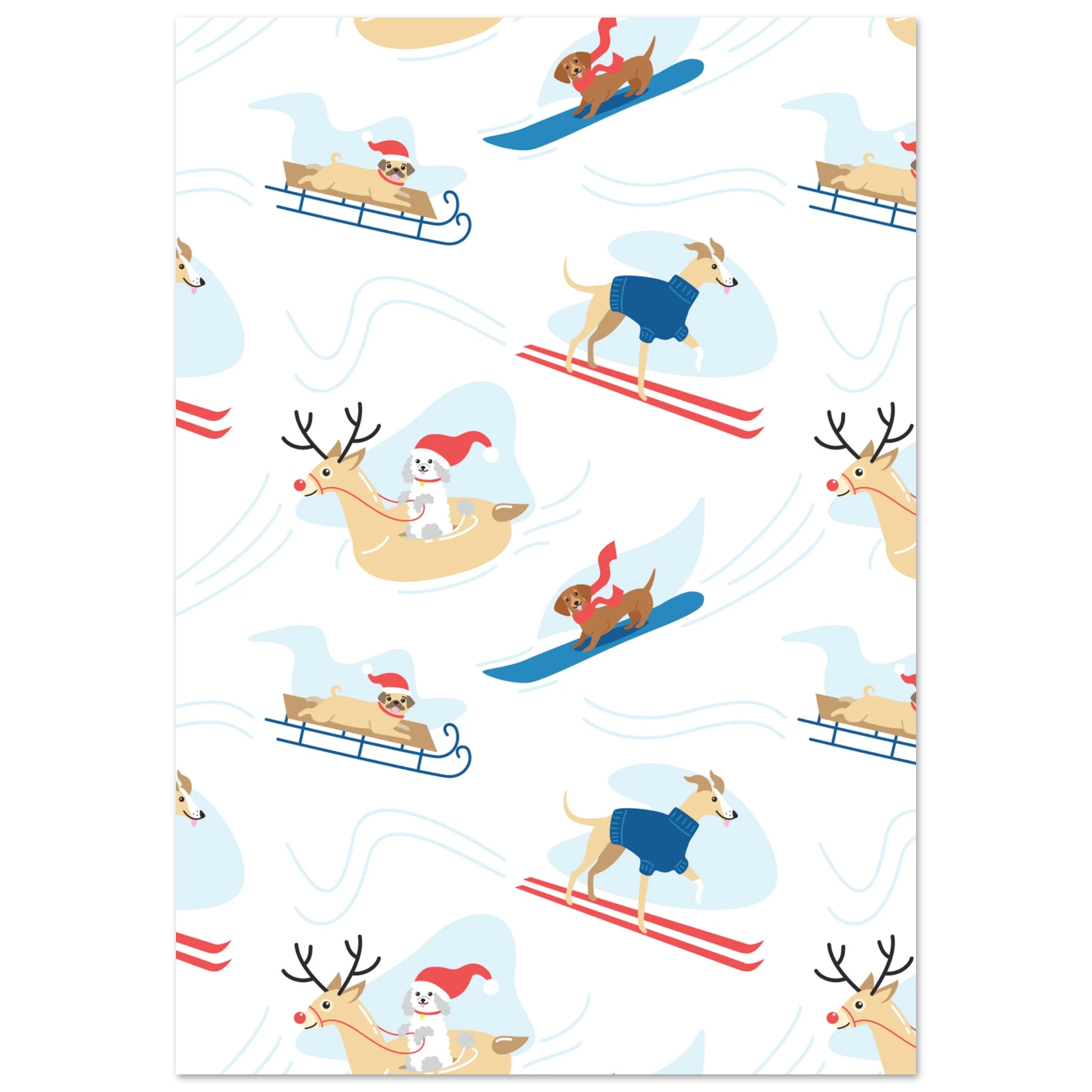 Poster montagna illustrato con cani sulla neve tra sci e slitte, stile vintage