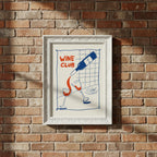 Poster Wine Club con illustrazione di bottiglia di vino e due calici, stile doodle moderno