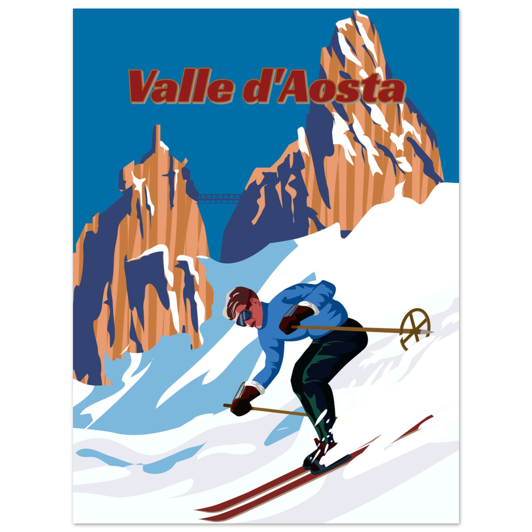 Poster Valle d’Aosta con sciatore in discesa e montagne alpine, illustrazione grafica moderna stile travel vintage wall art
