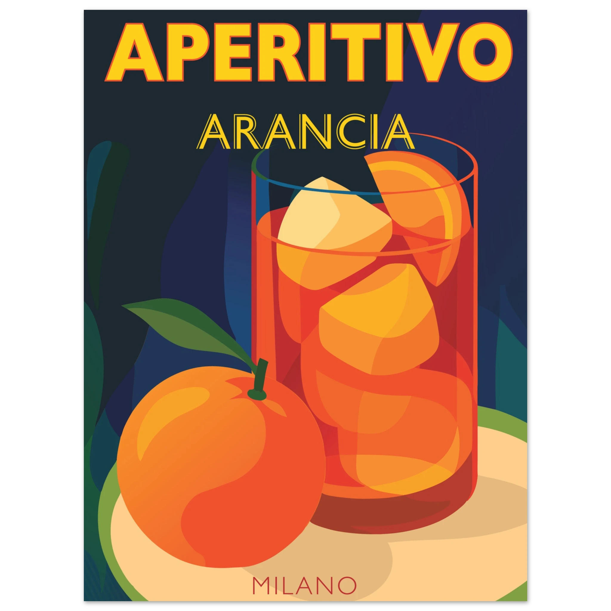 Poster Aperol Spritz in stile manifesto vintage con bicchiere arancione, grafica rétro italiana da parete.