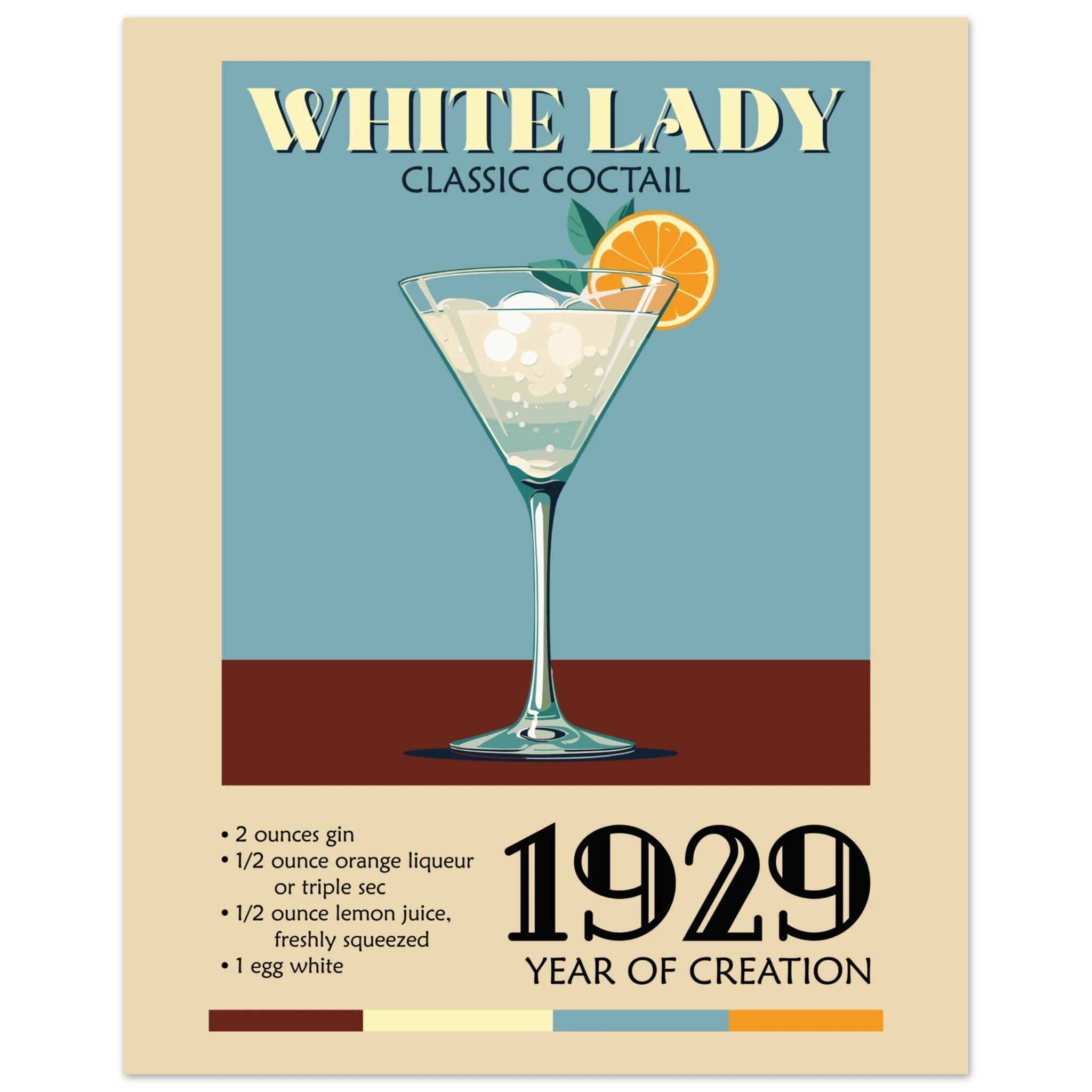 Poster White Lady cocktail vintage con bicchiere e scritta classic cocktail, stile retrò elegante